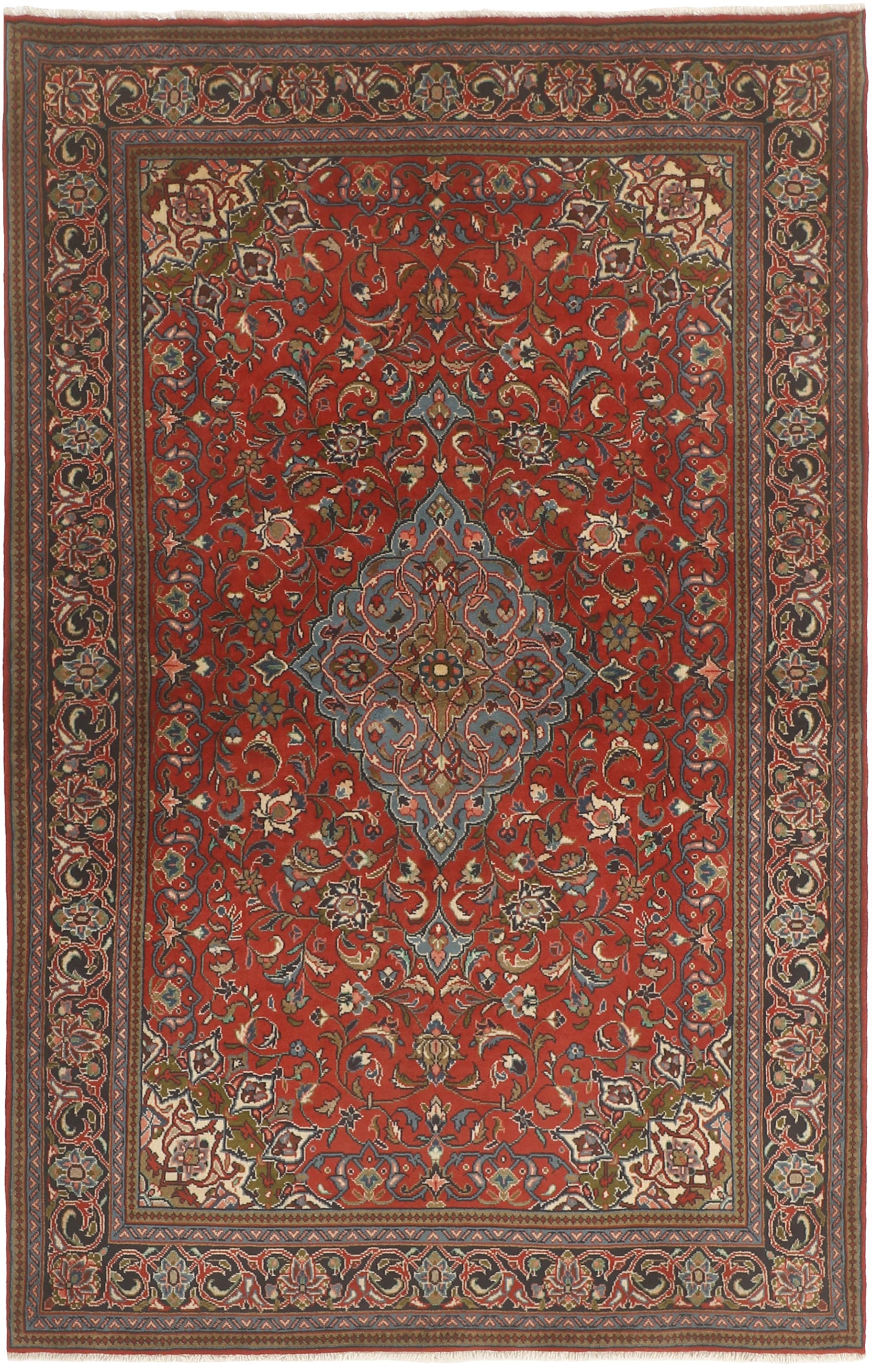 Authentic persian rug with traditional floral design in red, blue and cream