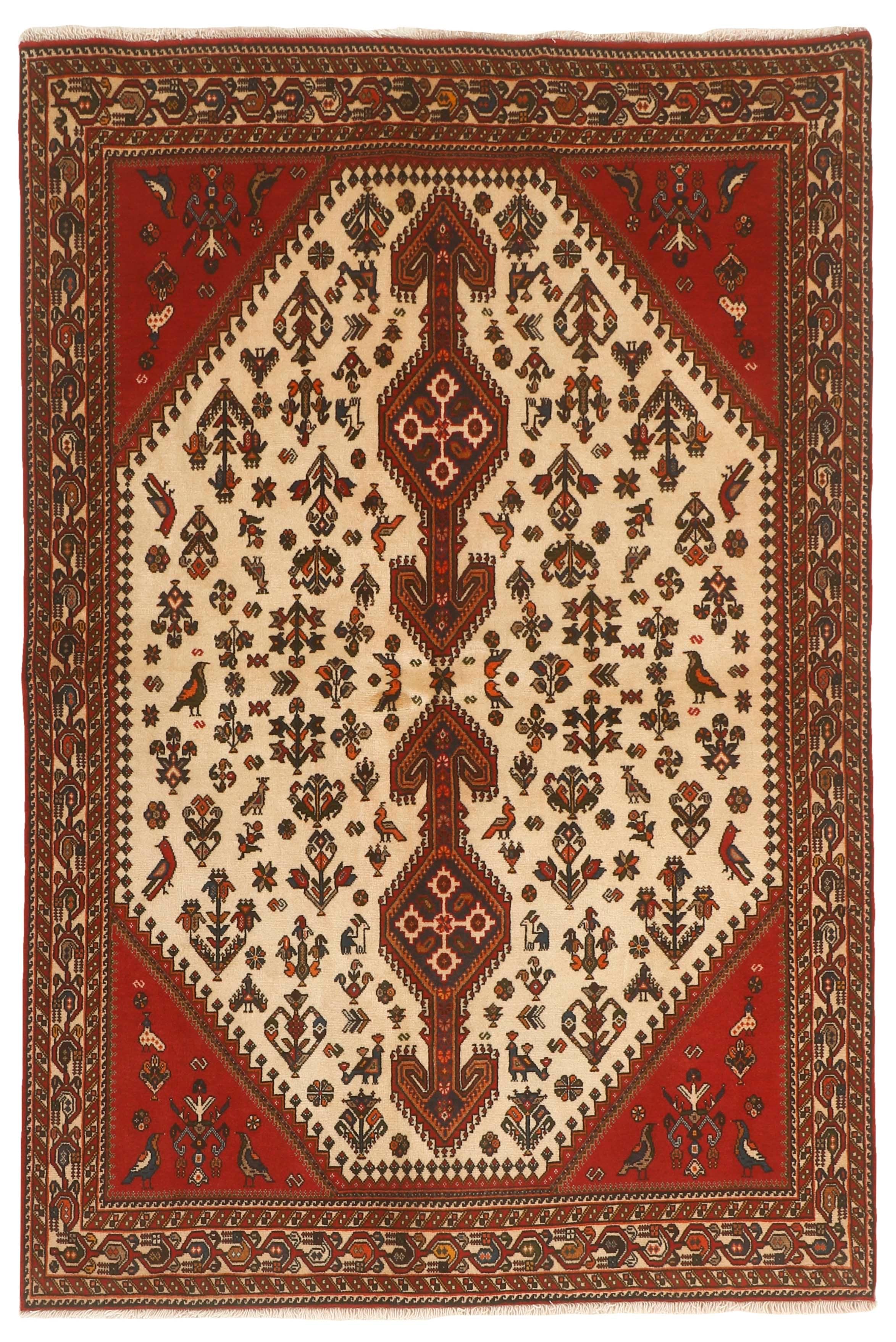 Authentic persian rug with traditional tribal geometric design in red and cream