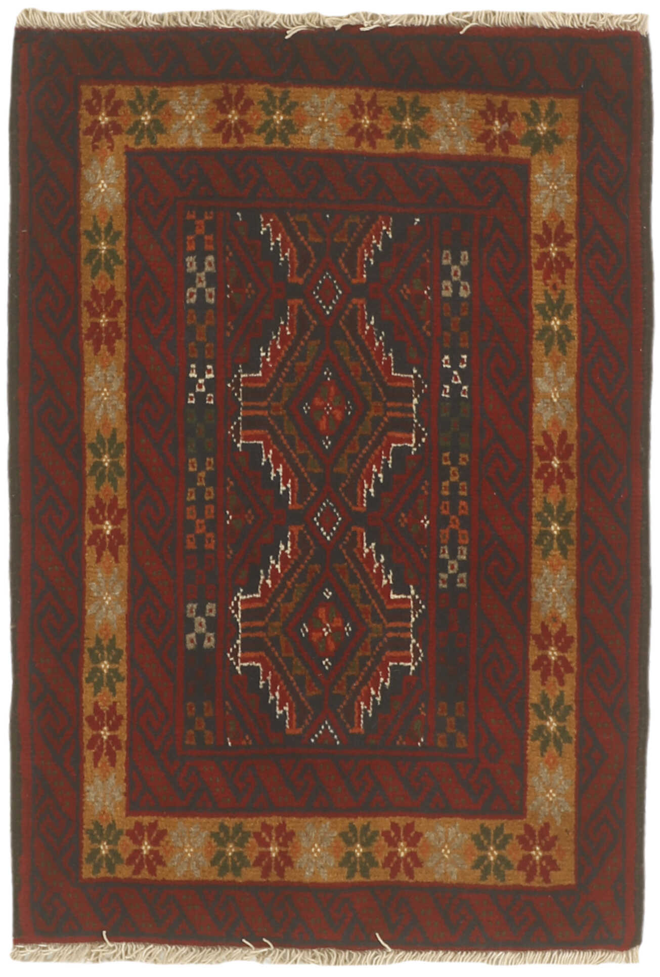 Authentic Oriental rug with traditional geometric tribal design in red