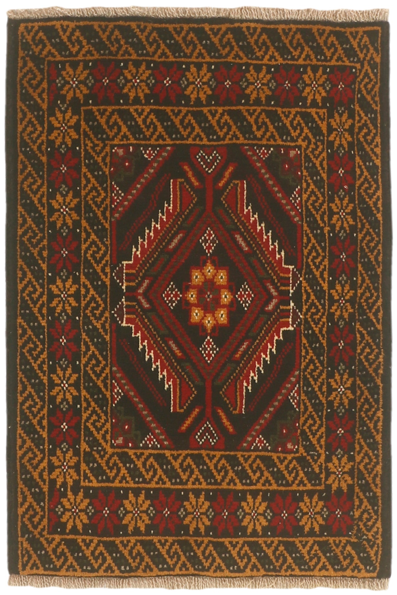 Authentic Oriental rug with traditional geometric tribal design in multicolour