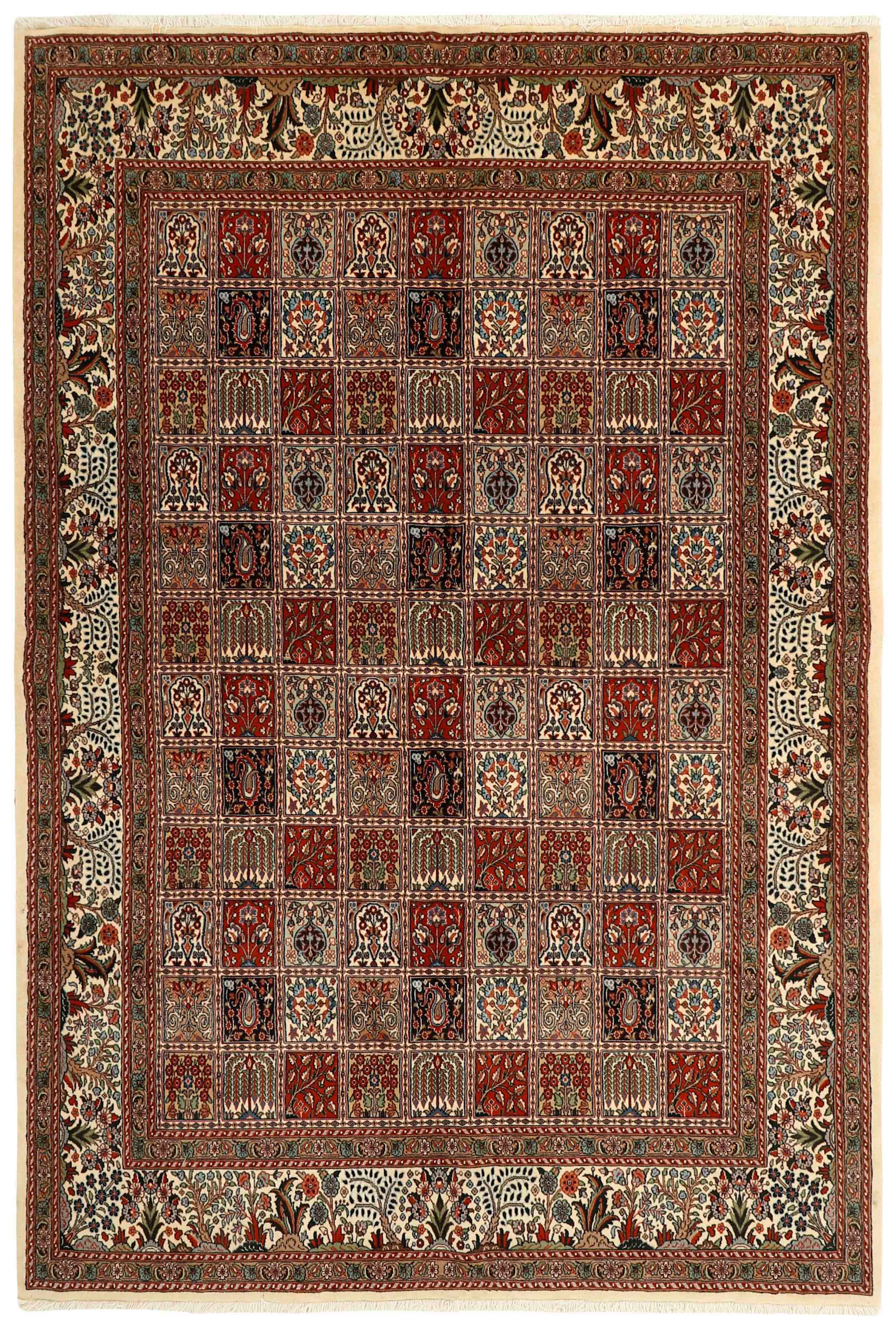authentic persian rug with floral pattern in beige, blue and red