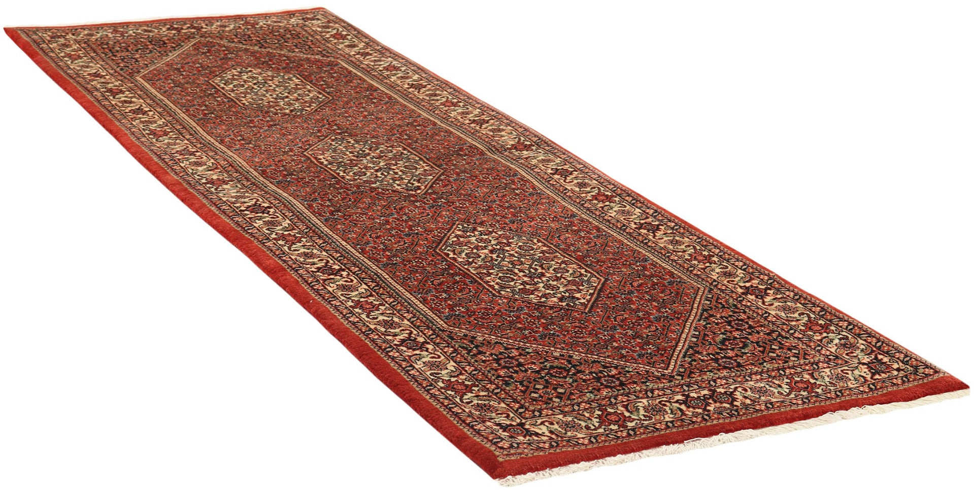 Red and cream persian wool and silk runner with traditional floral design

