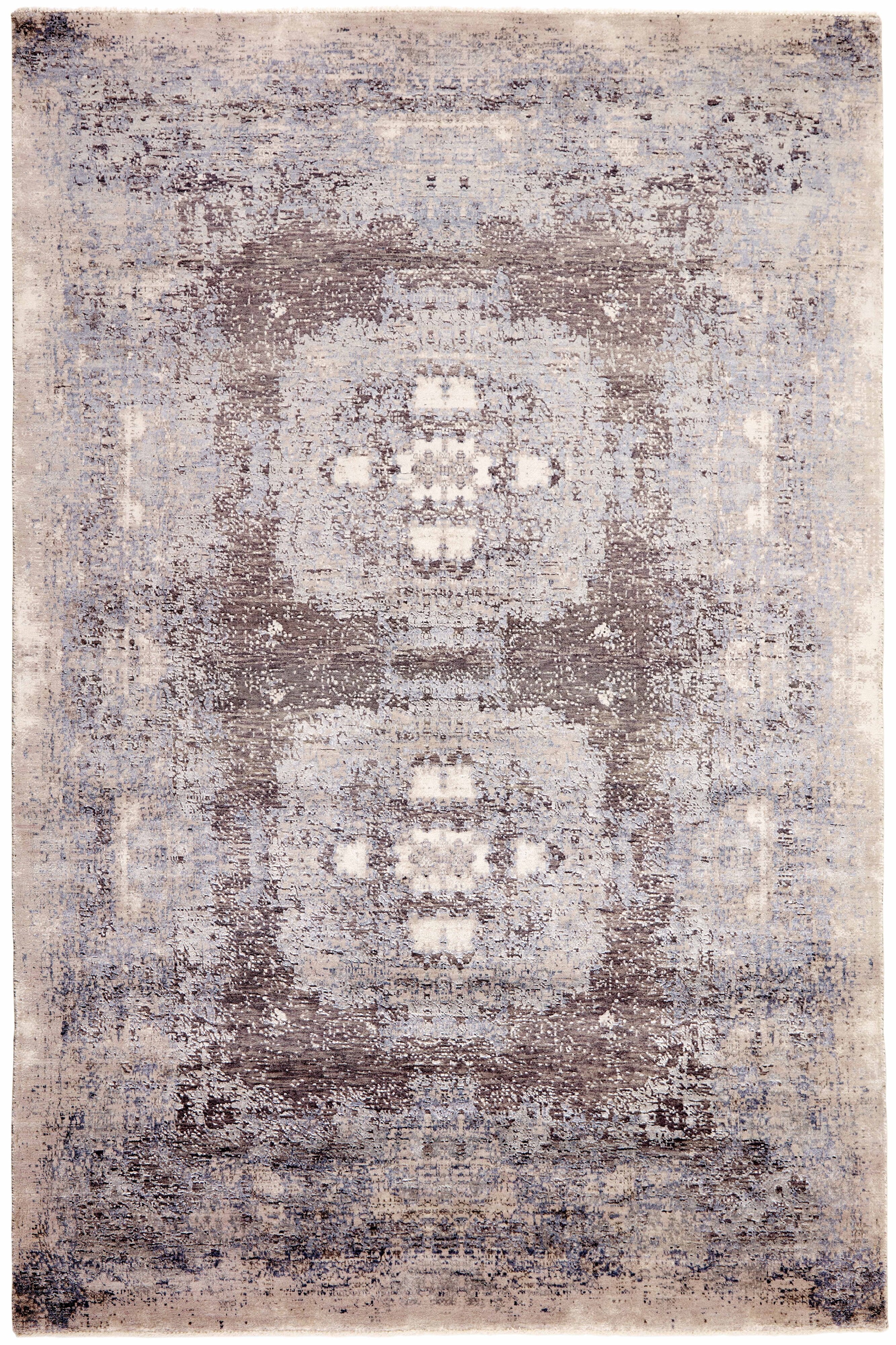 Large area rug with abstract design in beige, blue, brown and grey