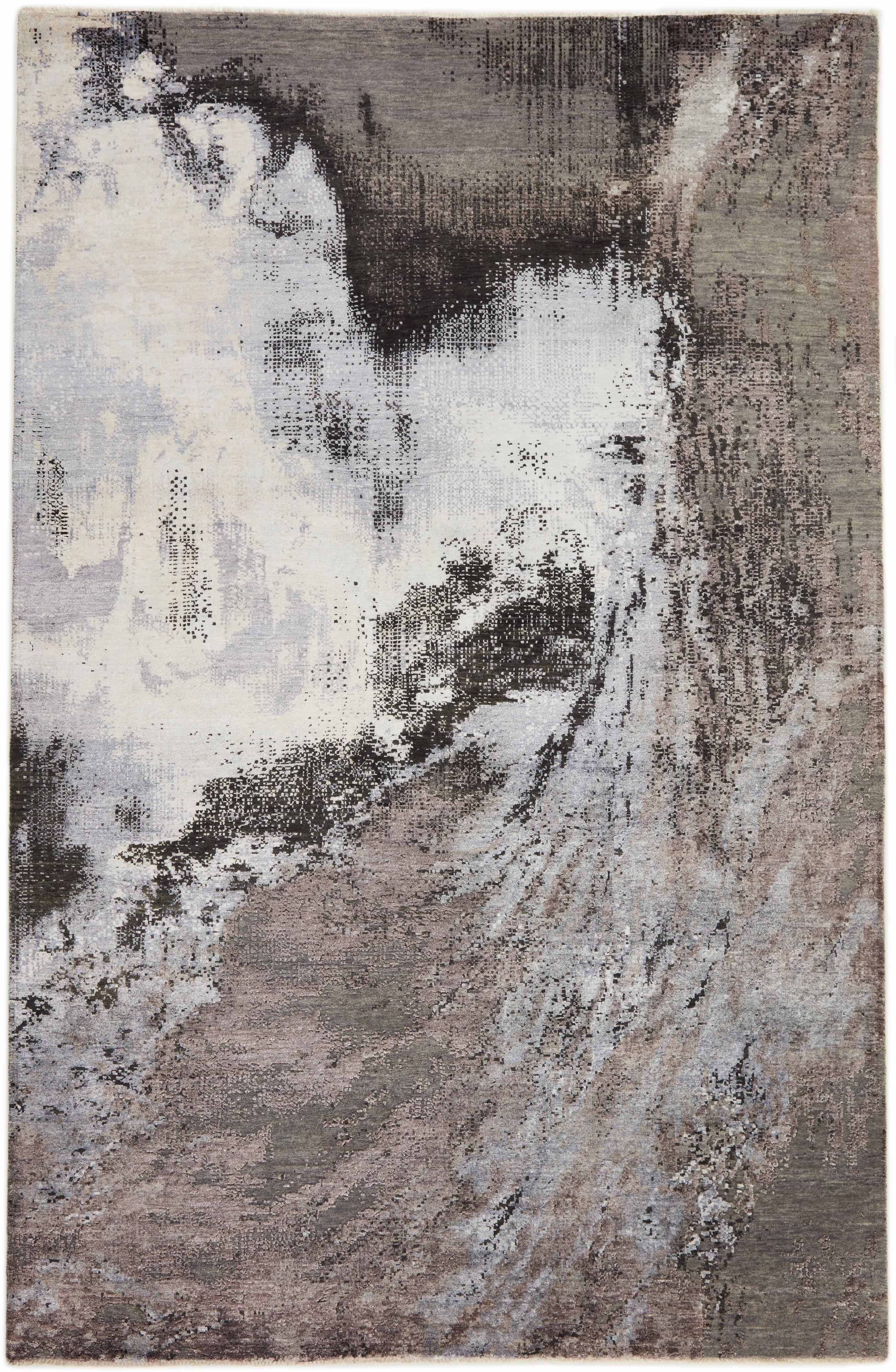 Large area rug with abstract design in grey, beige and red