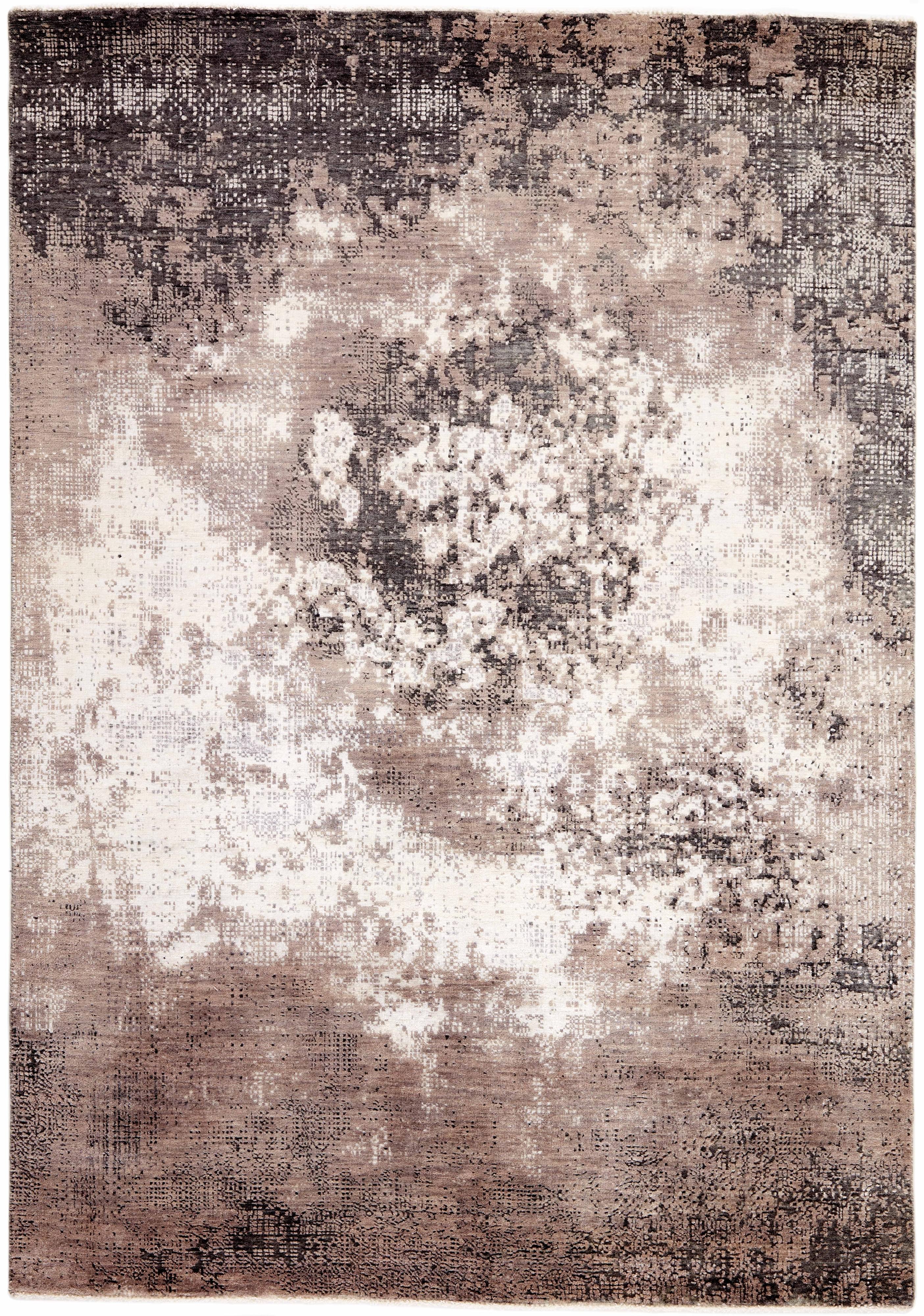 Large area rug with abstract design in grey, beige and red