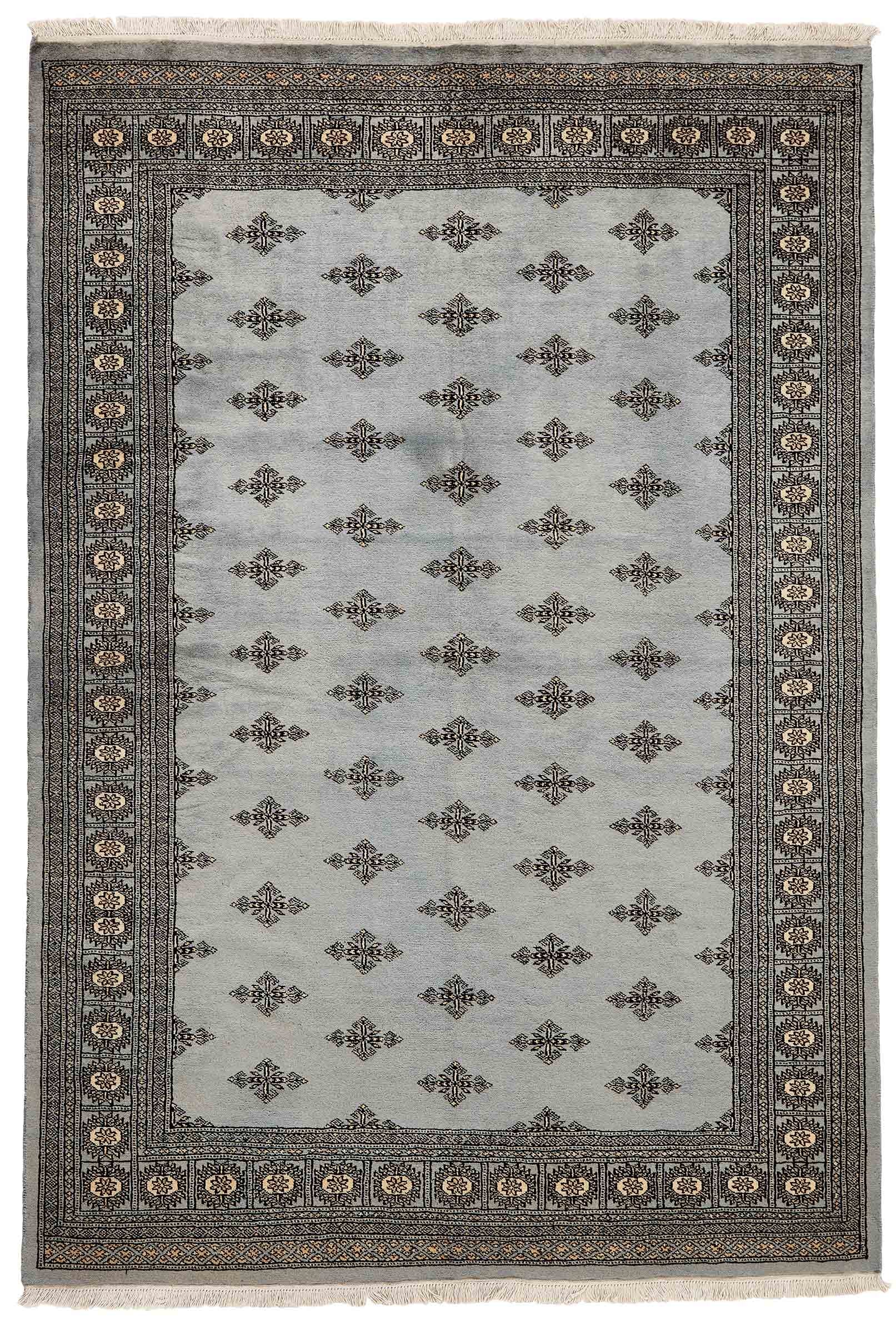 Grey Oriental rug with traditional bordered pattern