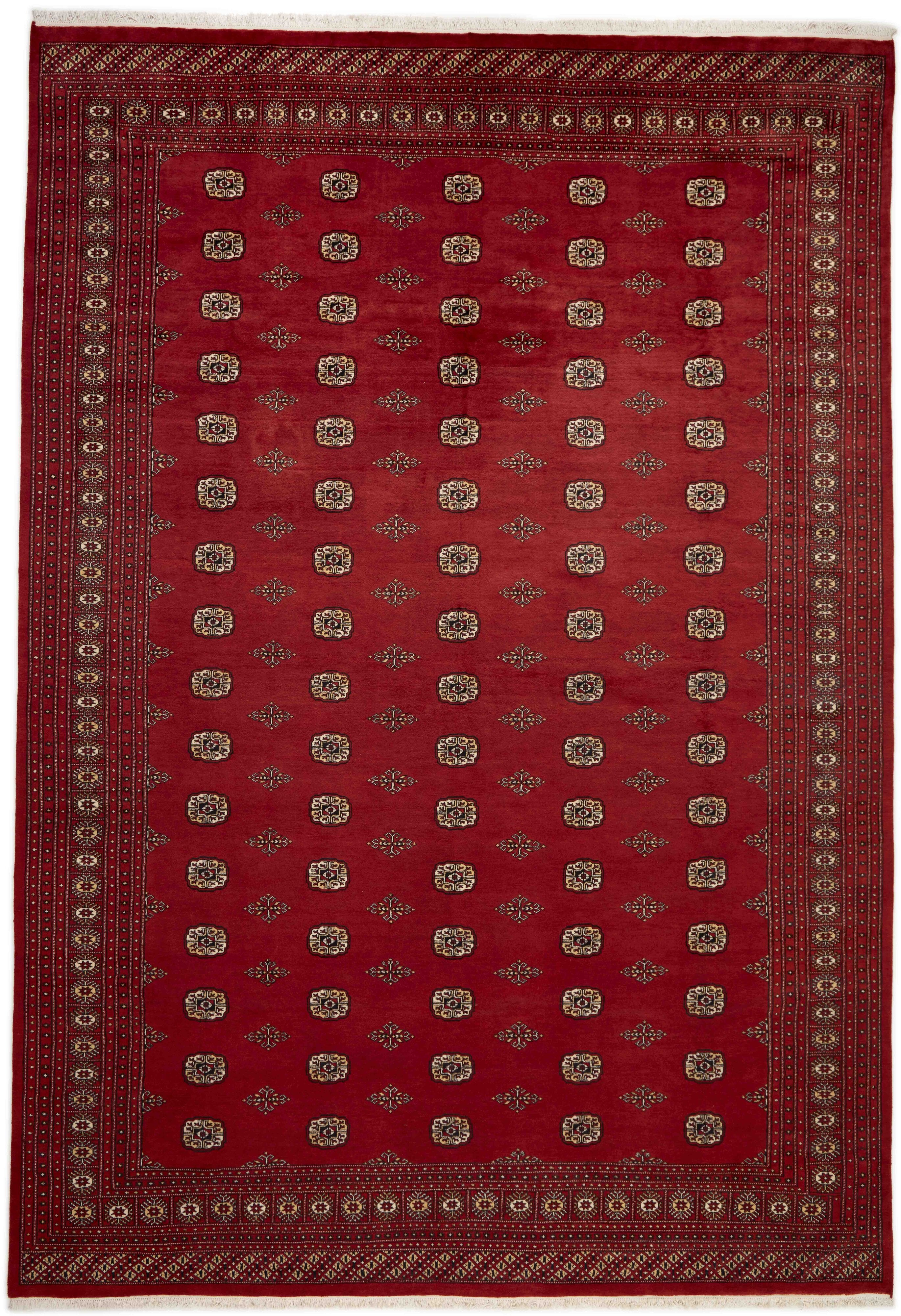 Red Oriental rug with traditional bordered pattern