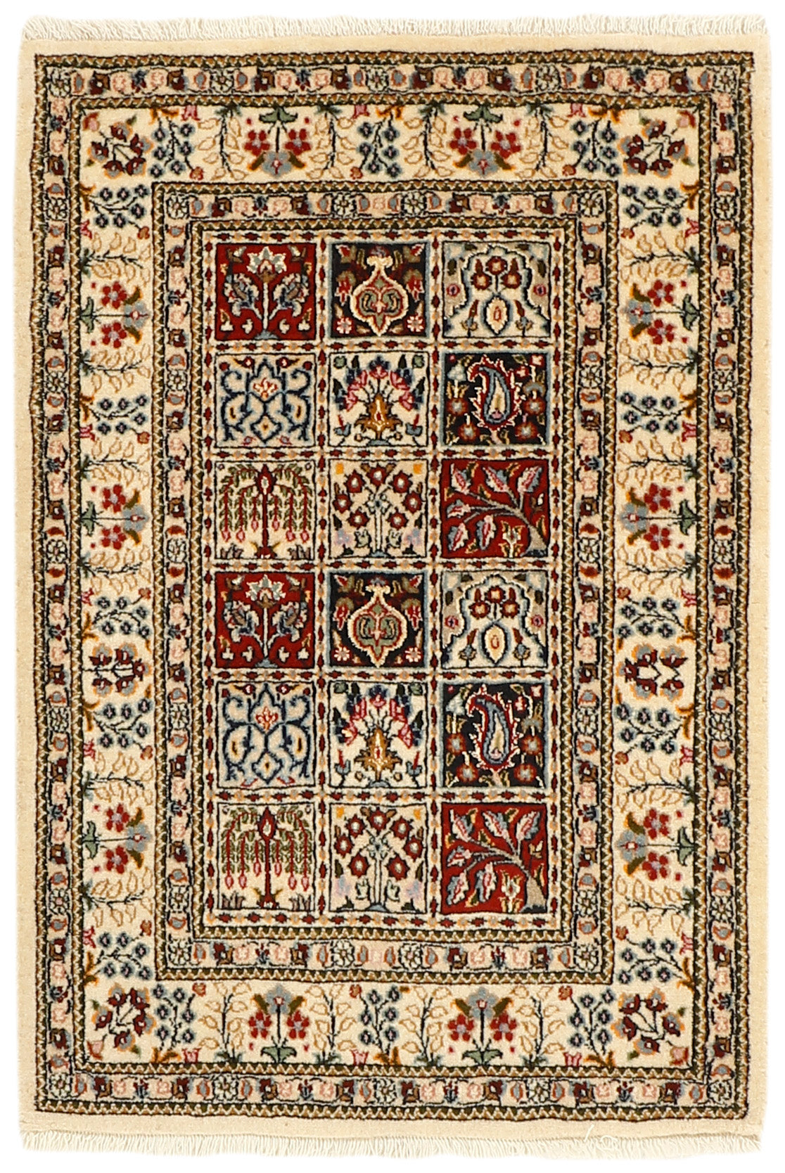 authentic persian rug with floral pattern in beige, blue and red