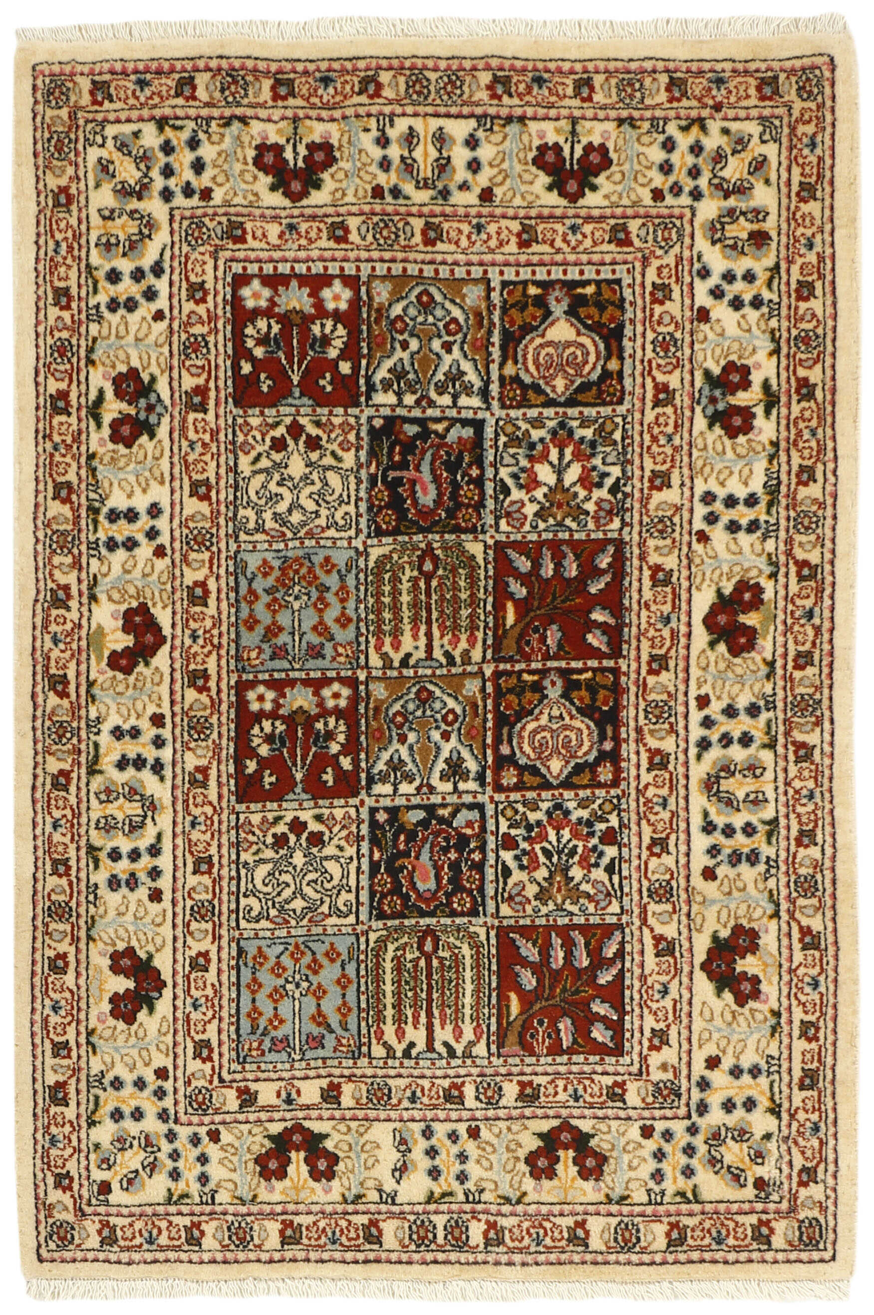 authentic persian rug with floral pattern in beige, blue and red