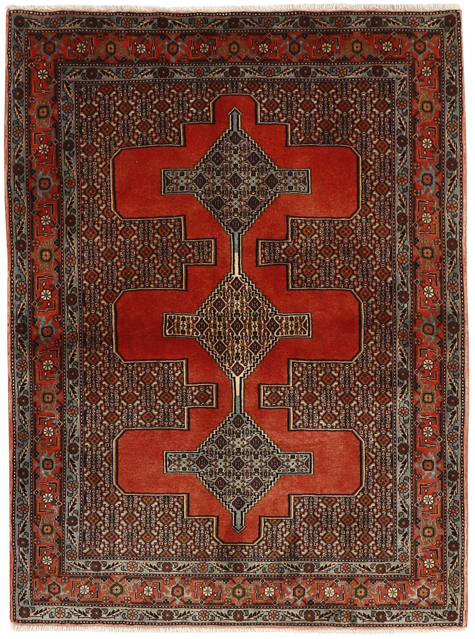 authentic persian rug with a traditional geometric design in red