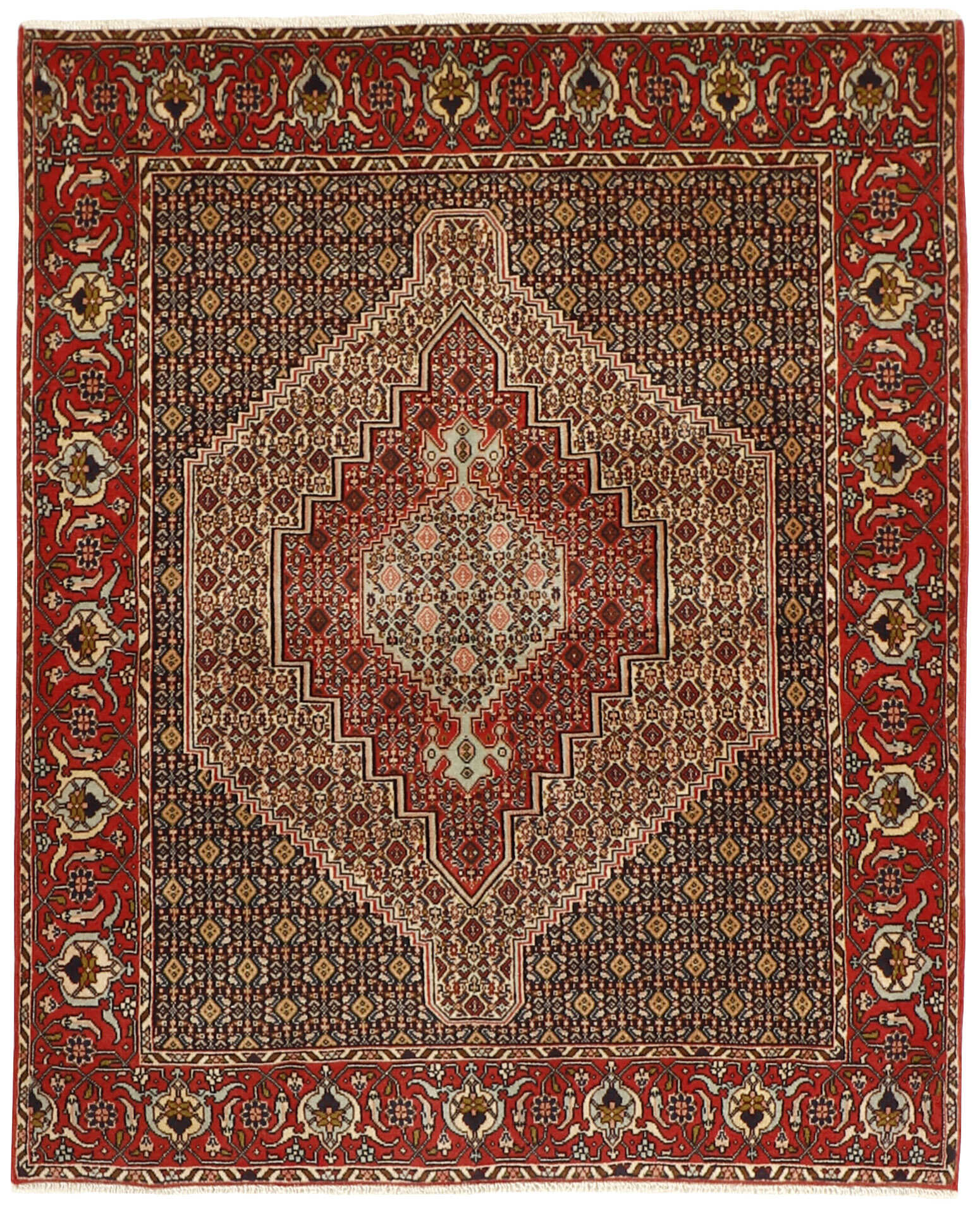 authentic persian rug with a traditional geometric design in red