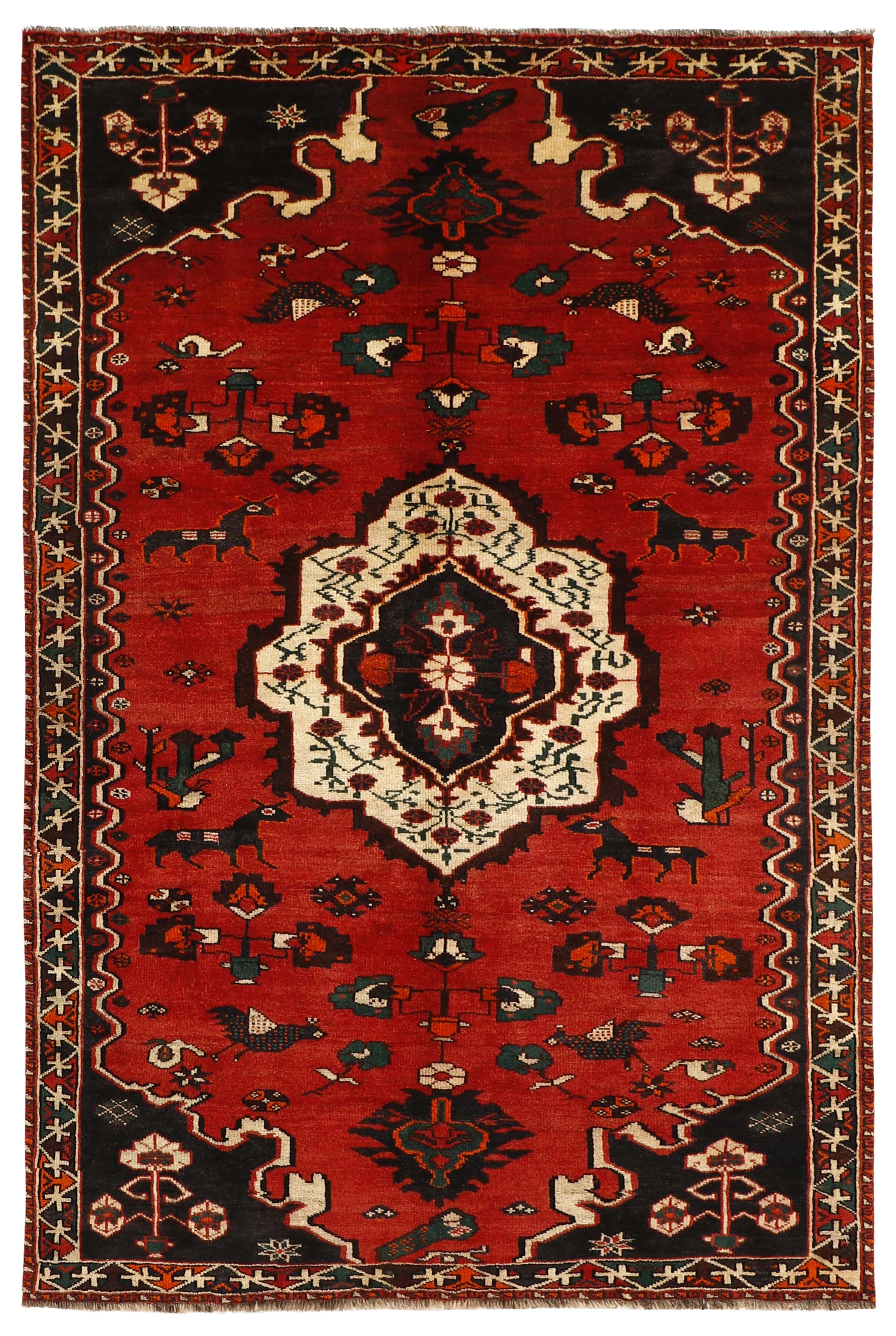 Authentic persian rug with a traditional tribal geometric pattern in red, black and beige