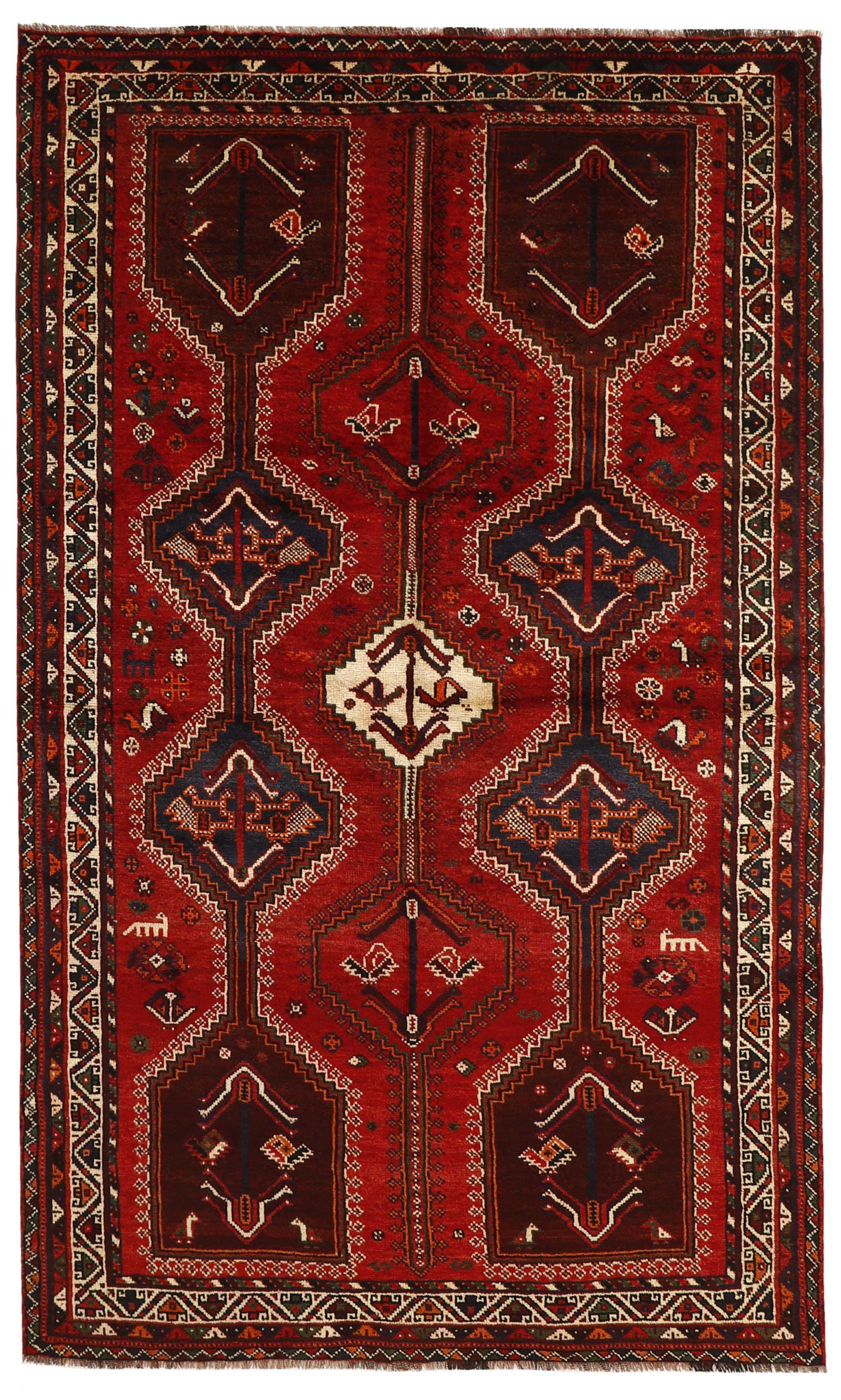 Authentic persian rug with a traditional tribal geometric pattern in red, black and beige