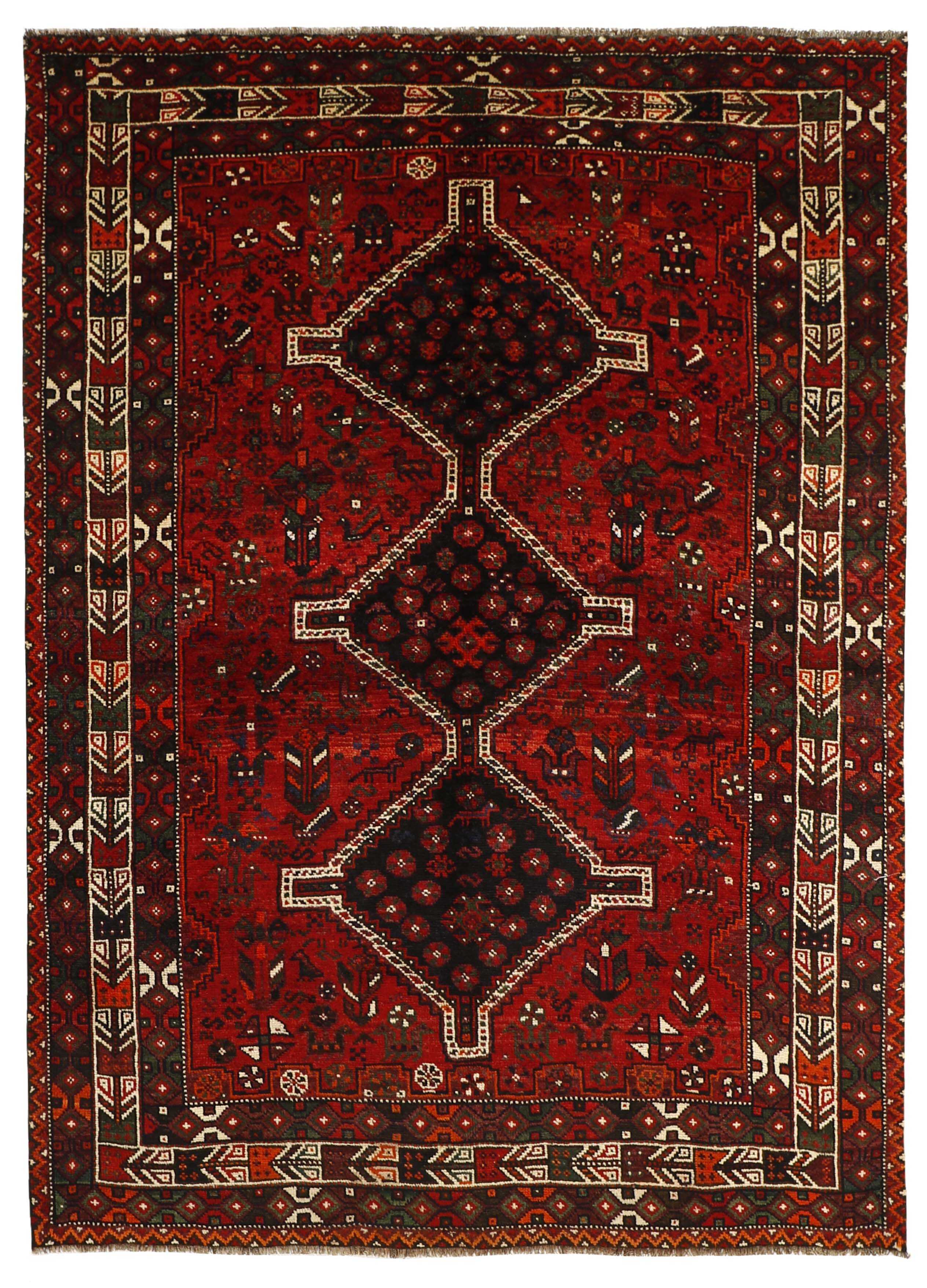 Authentic persian rug with a traditional tribal geometric pattern in red, black and beige