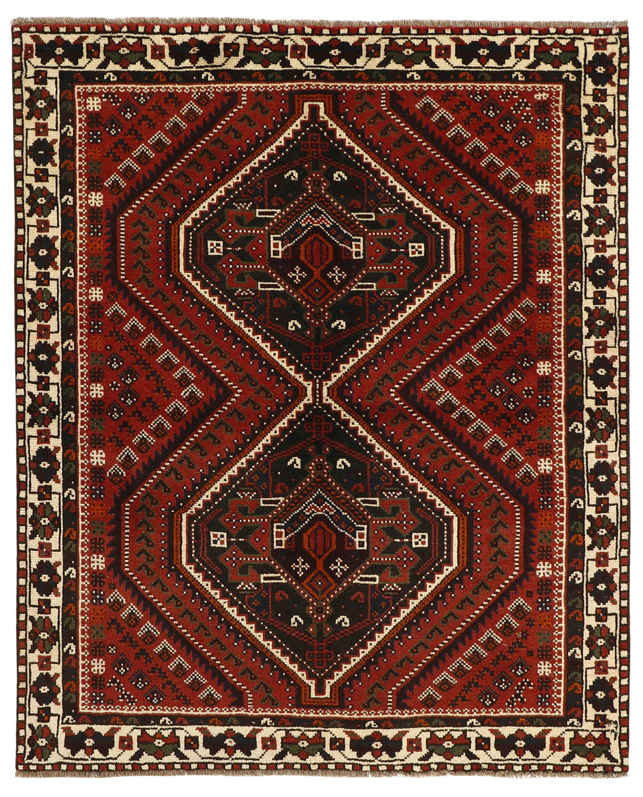 Authentic persian rug with a traditional tribal geometric pattern in red, black and beige
