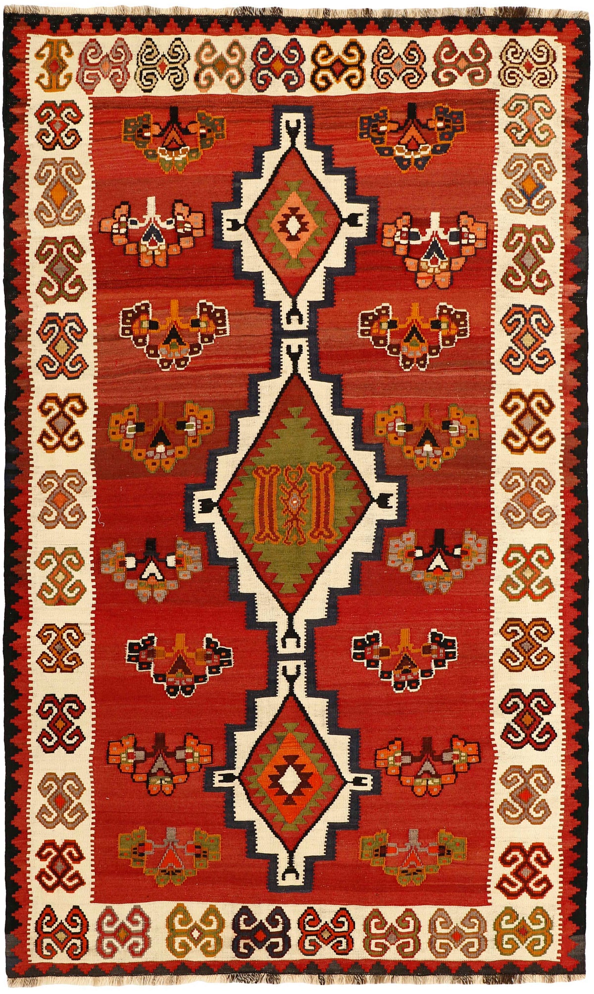 Authentic persian kelim flatweave rug with traditional stripe design in red, blue and black