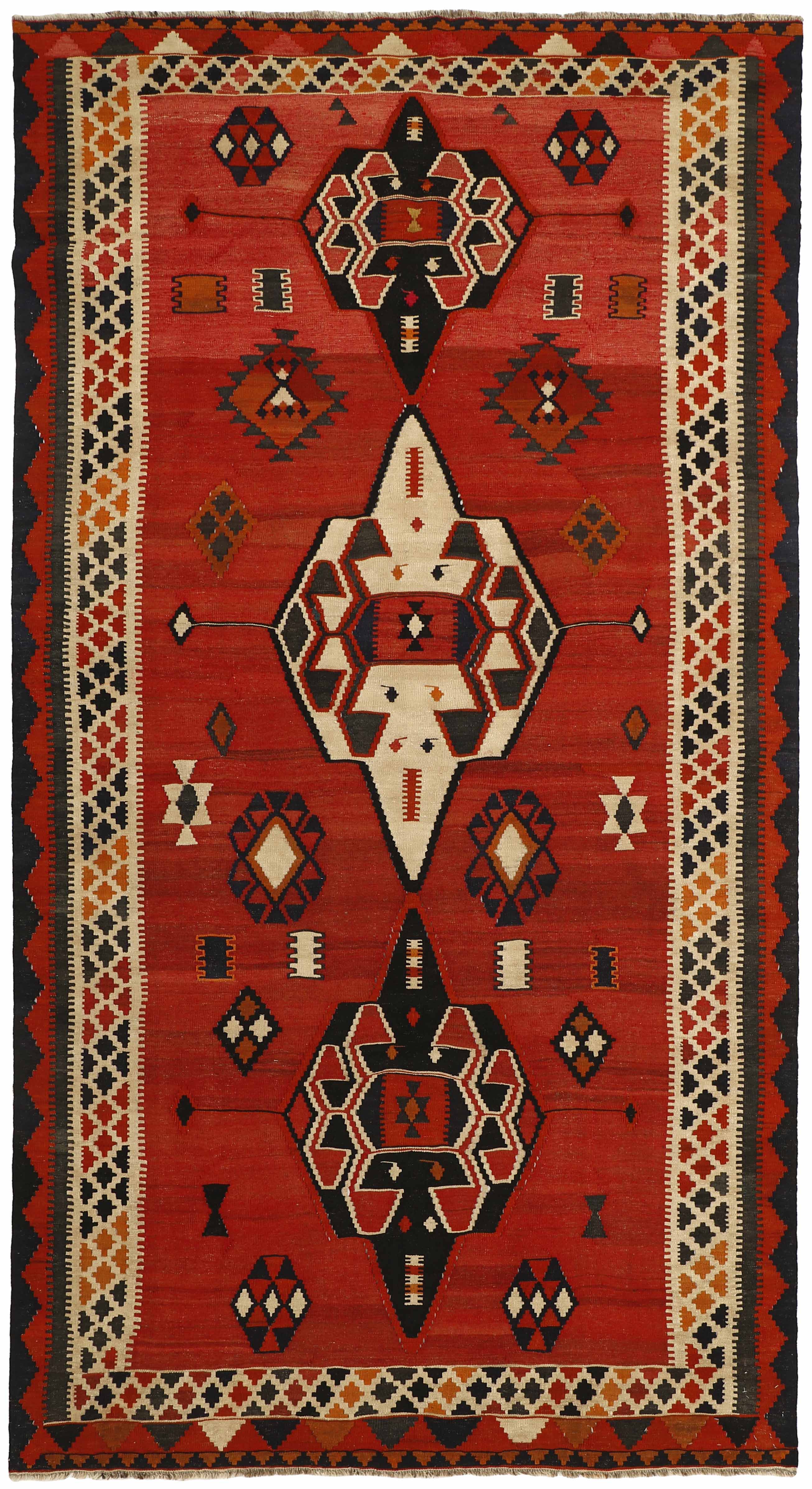 Authentic persian kelim flatweave rug with traditional stripe design in red, blue and black