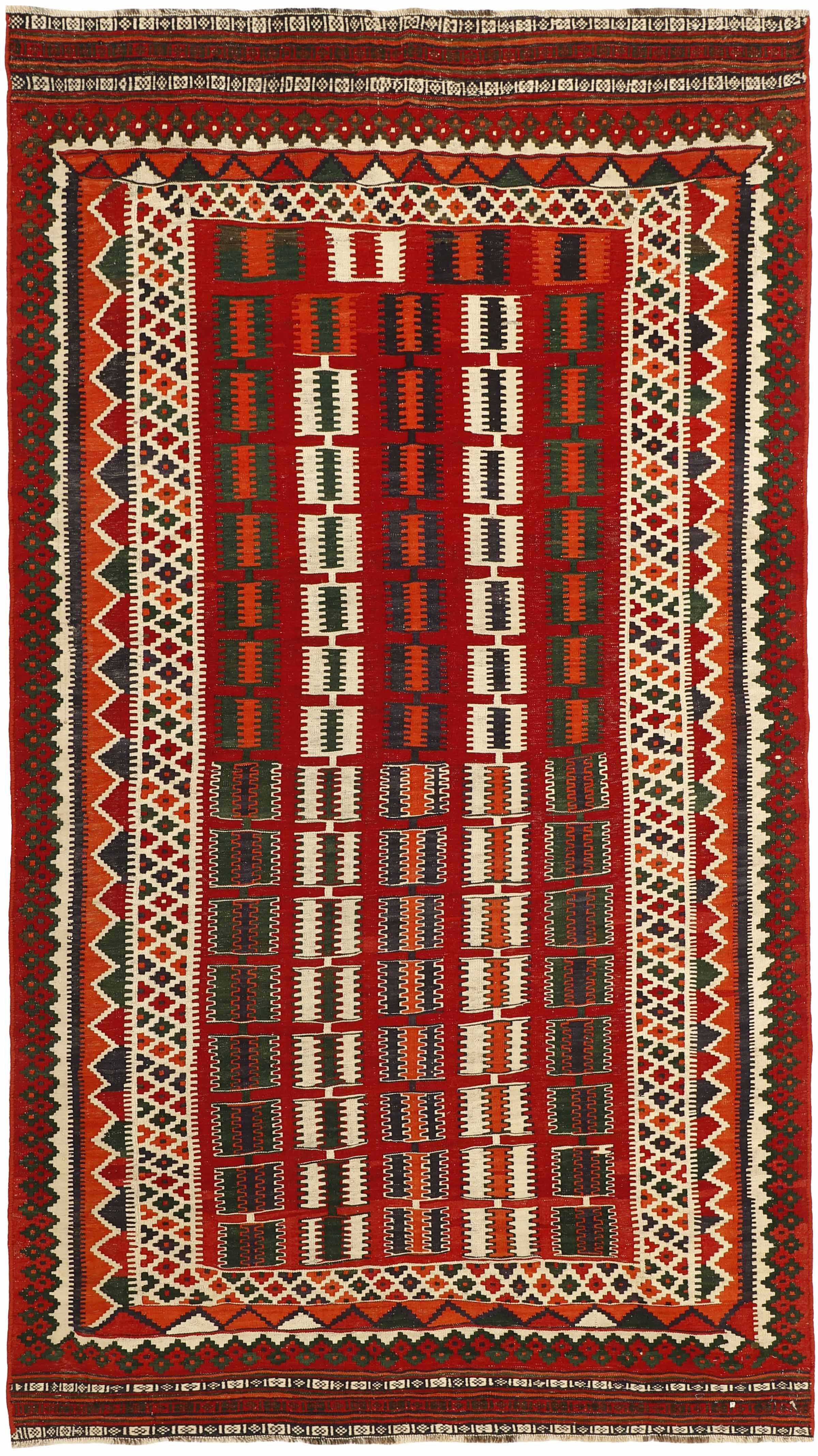 Authentic persian kelim flatweave rug with traditional stripe design in red, blue and black