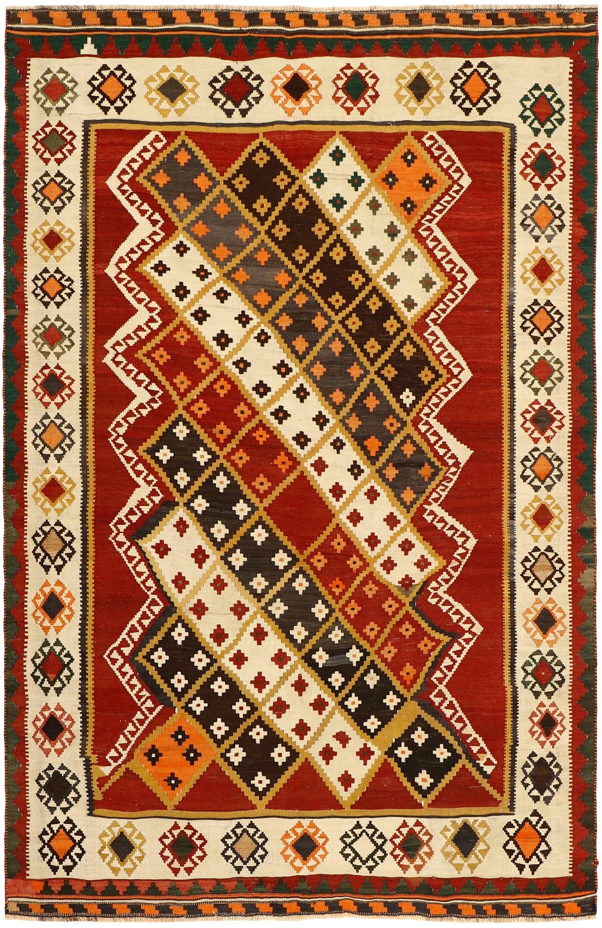 Authentic persian kelim flatweave rug with traditional stripe design in red, beige, brown and black