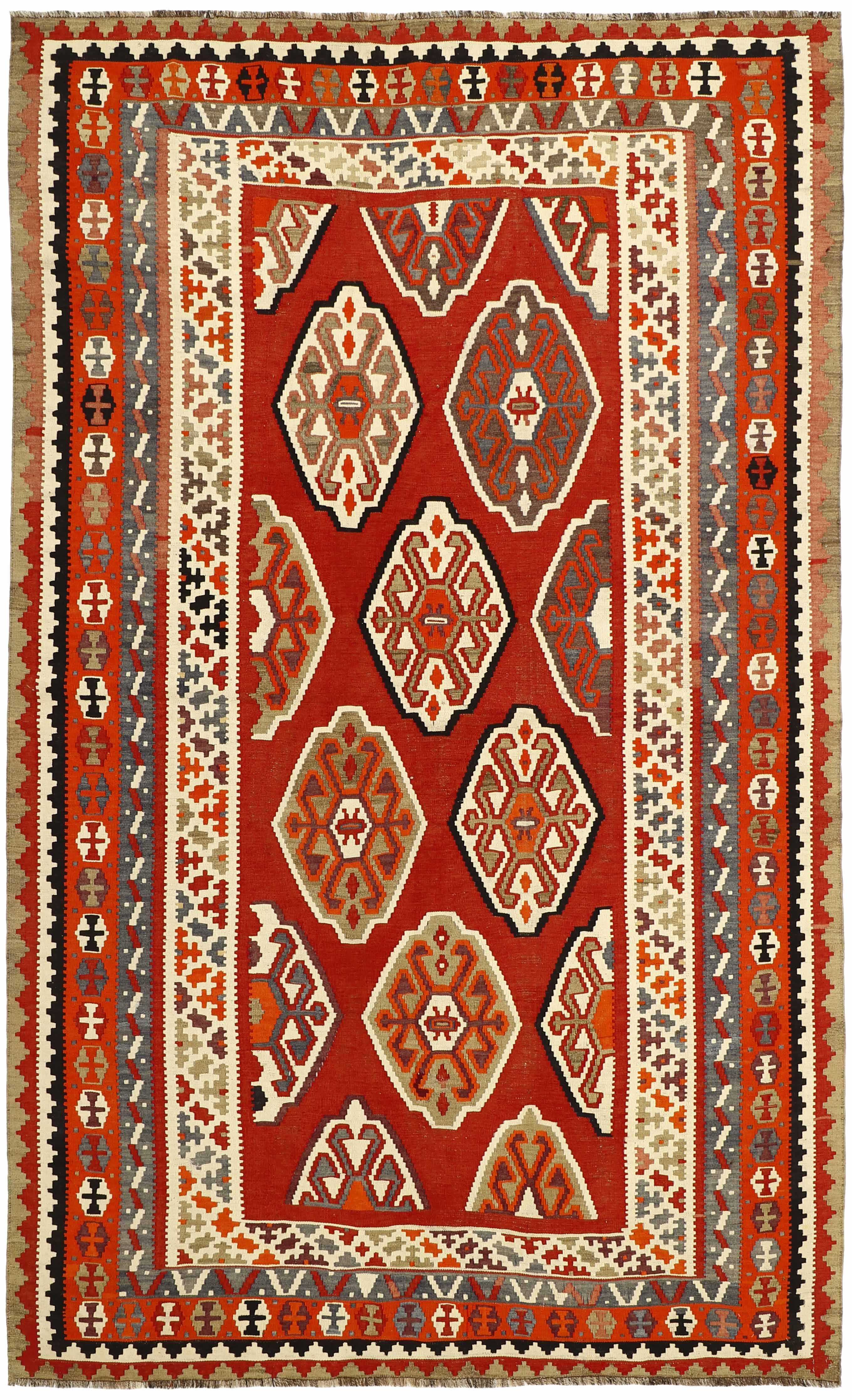 Authentic persian kelim flatweave rug with traditional stripe design in red, blue and black