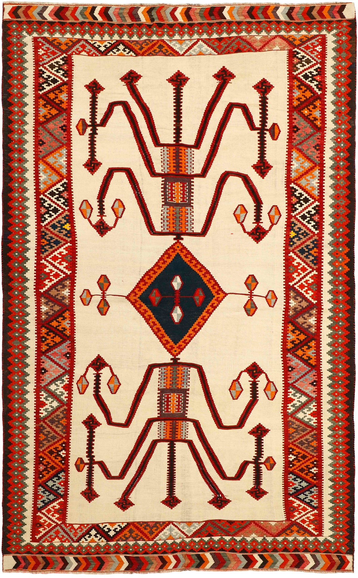 Authentic persian kelim flatweave rug with traditional stripe design in red, blue and black