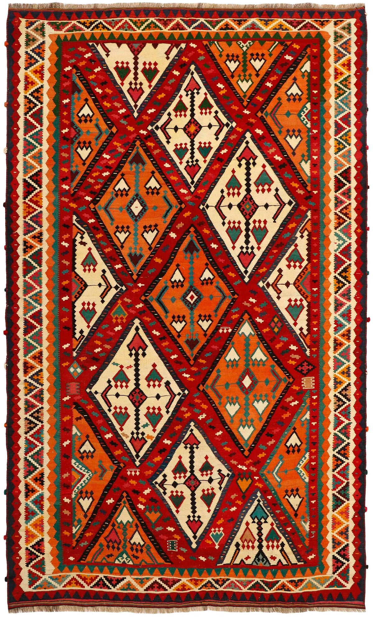 Authentic persian kelim flatweave rug with traditional stripe design in red, beige, brown and black