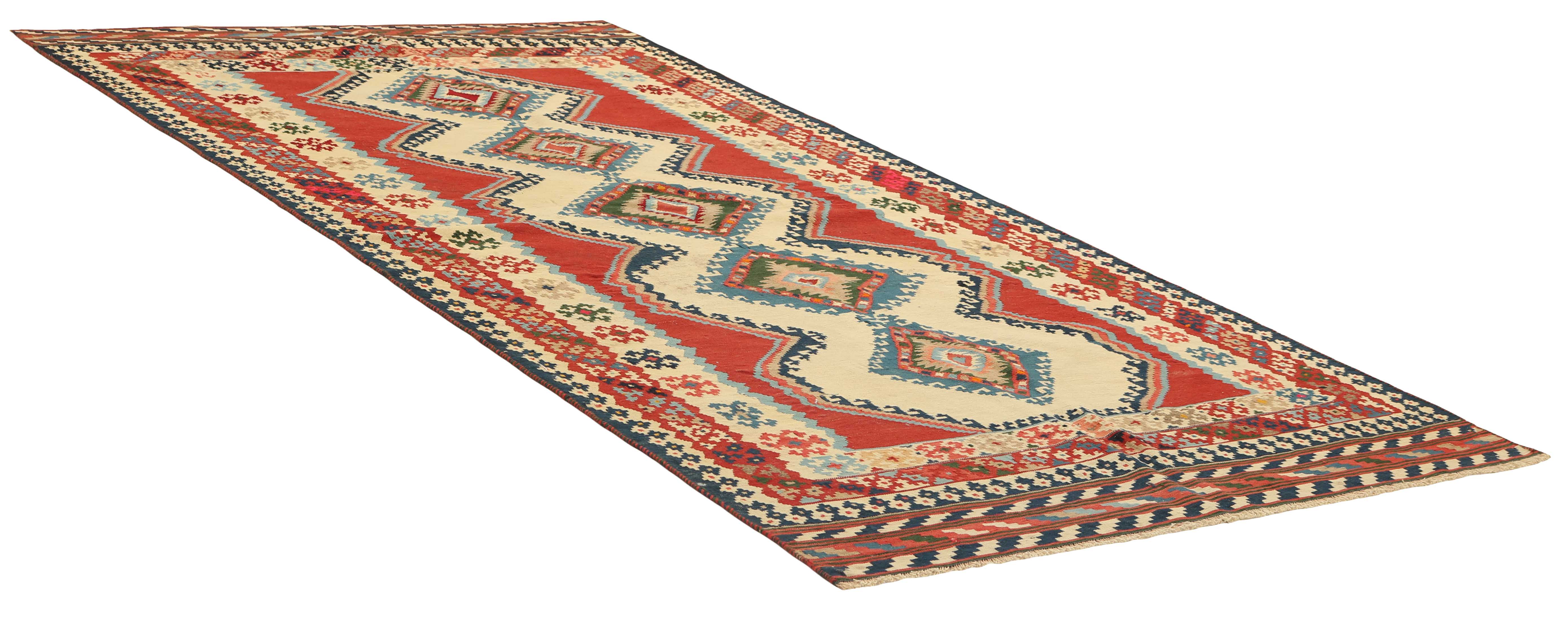 Authentic persian kelim flatweave rug with traditional stripe design in multicolour