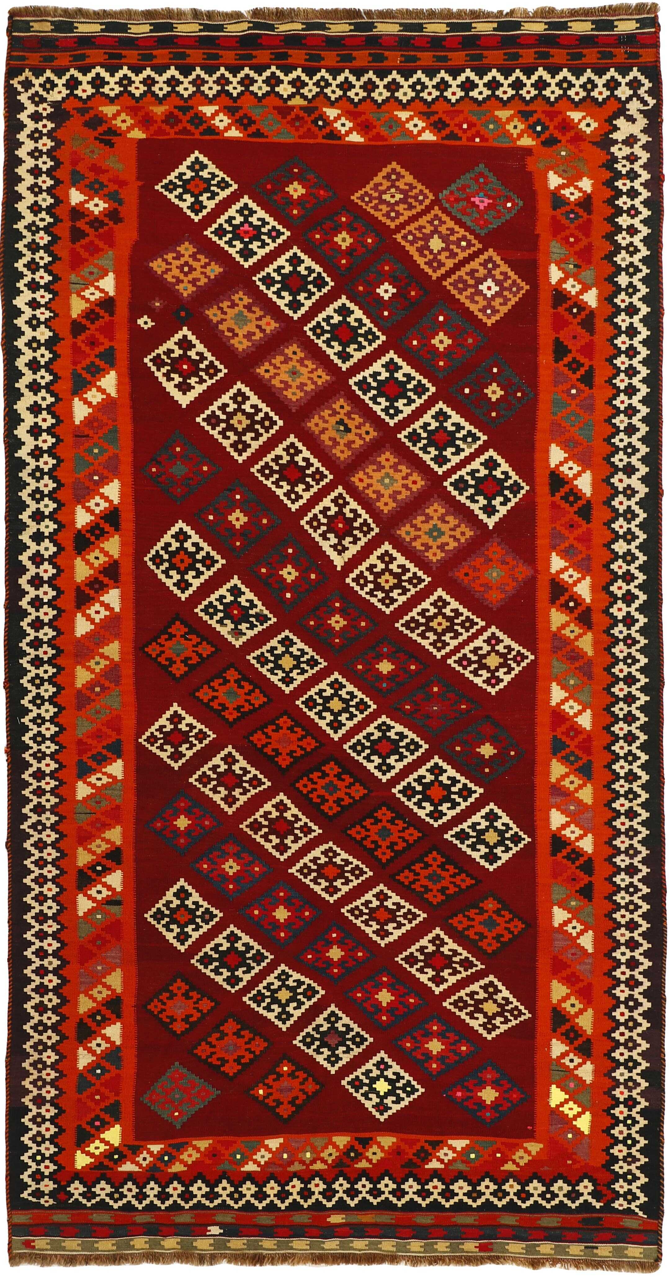 Authentic persian kelim flatweave rug with traditional stripe design in red, blue and black