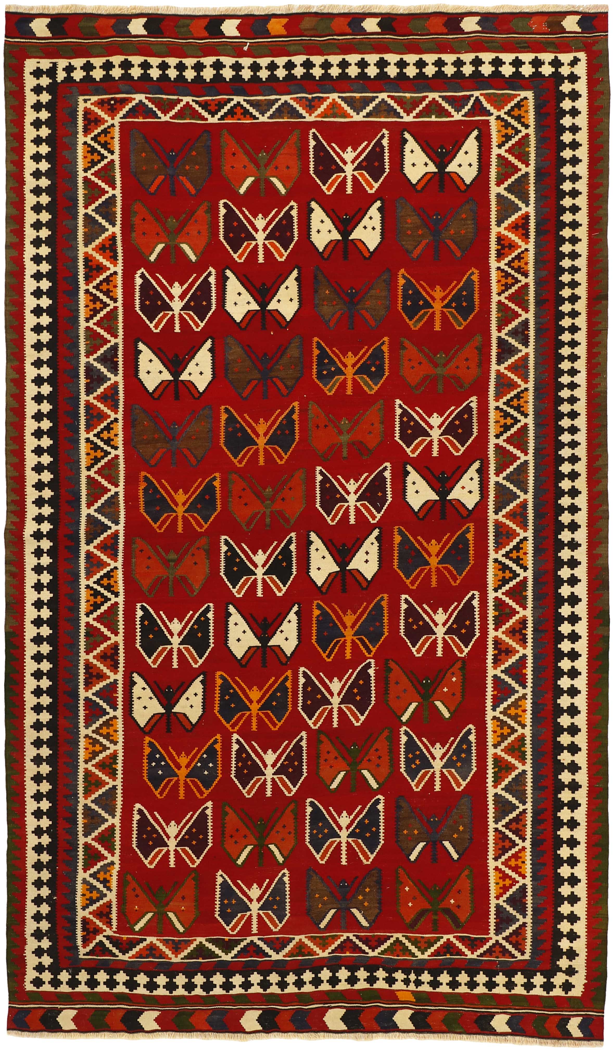 Authentic persian kelim flatweave rug with traditional stripe design in red, blue and black