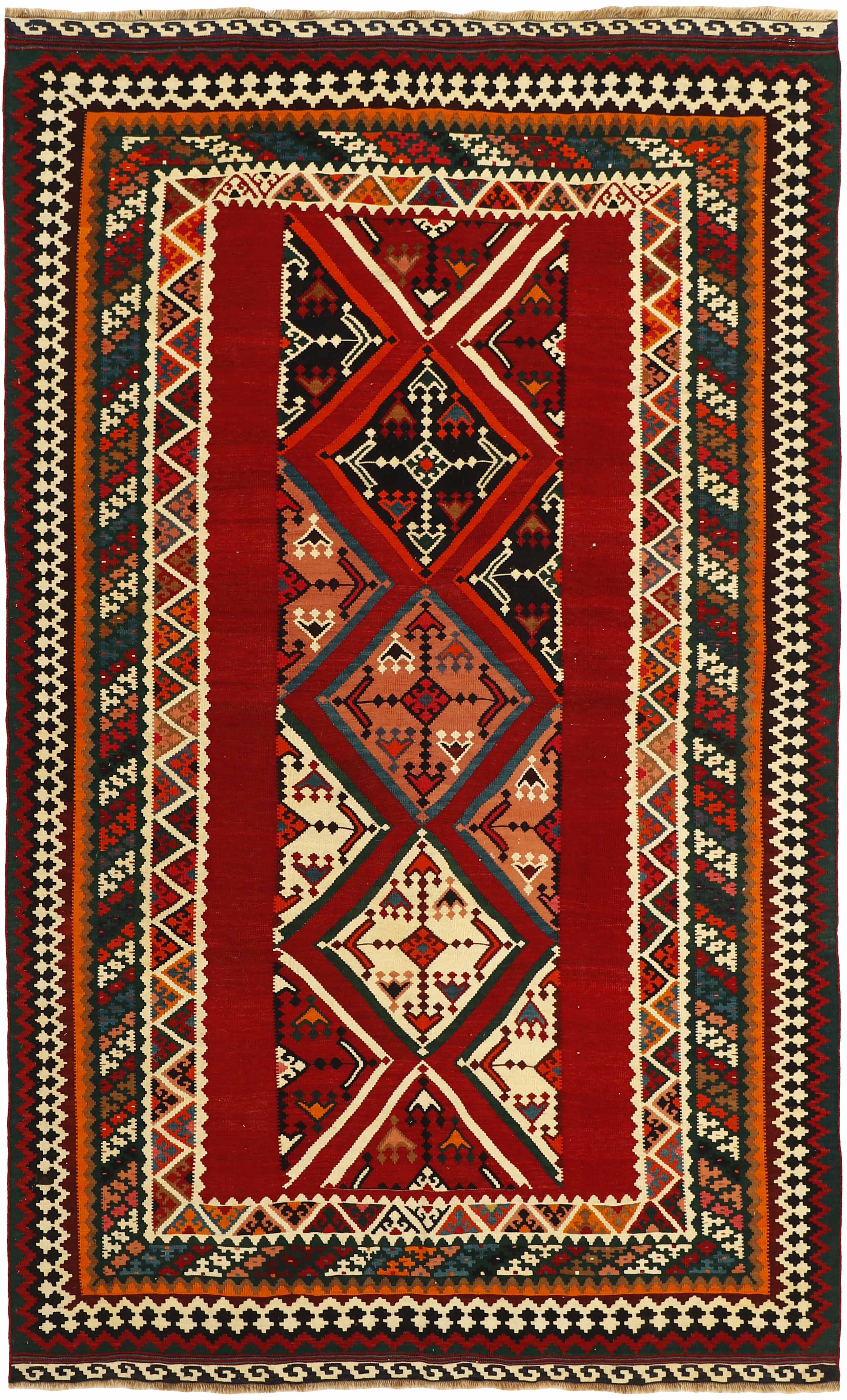 Authentic persian kelim flatweave rug with traditional stripe design in red, blue and black