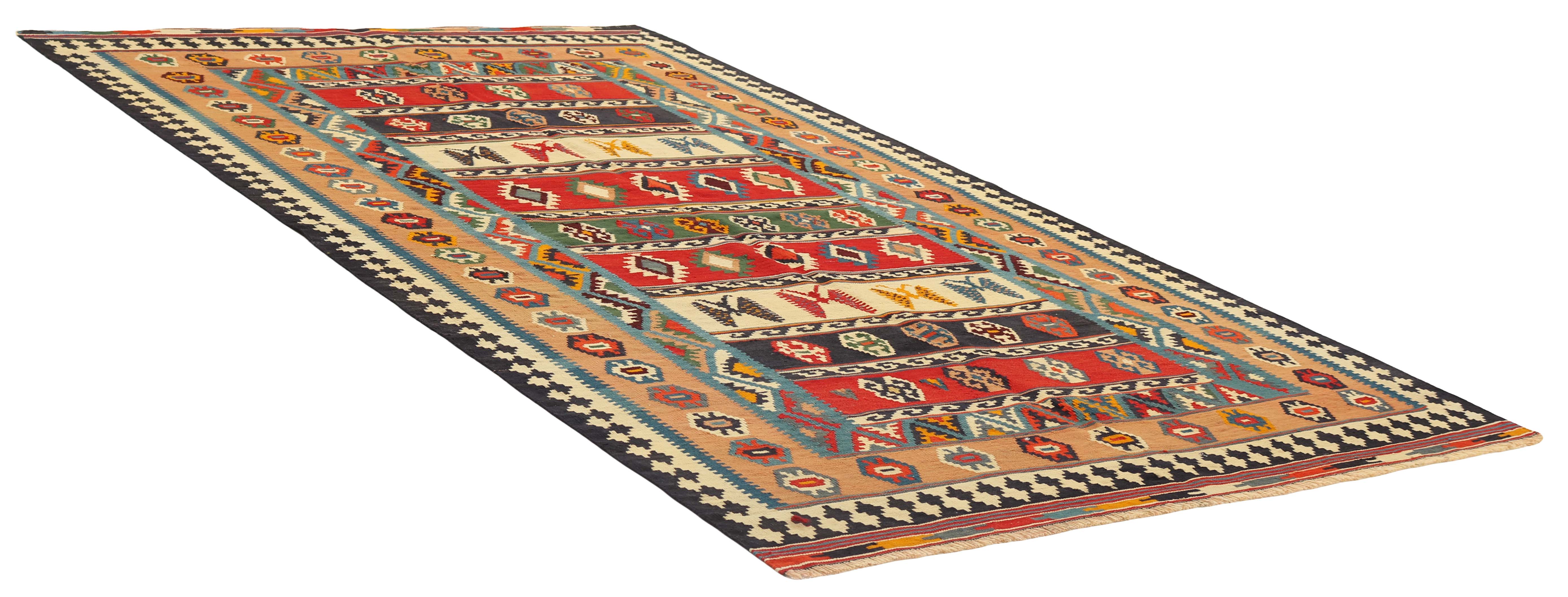 Authentic persian kelim flatweave rug with traditional stripe design in multicolour