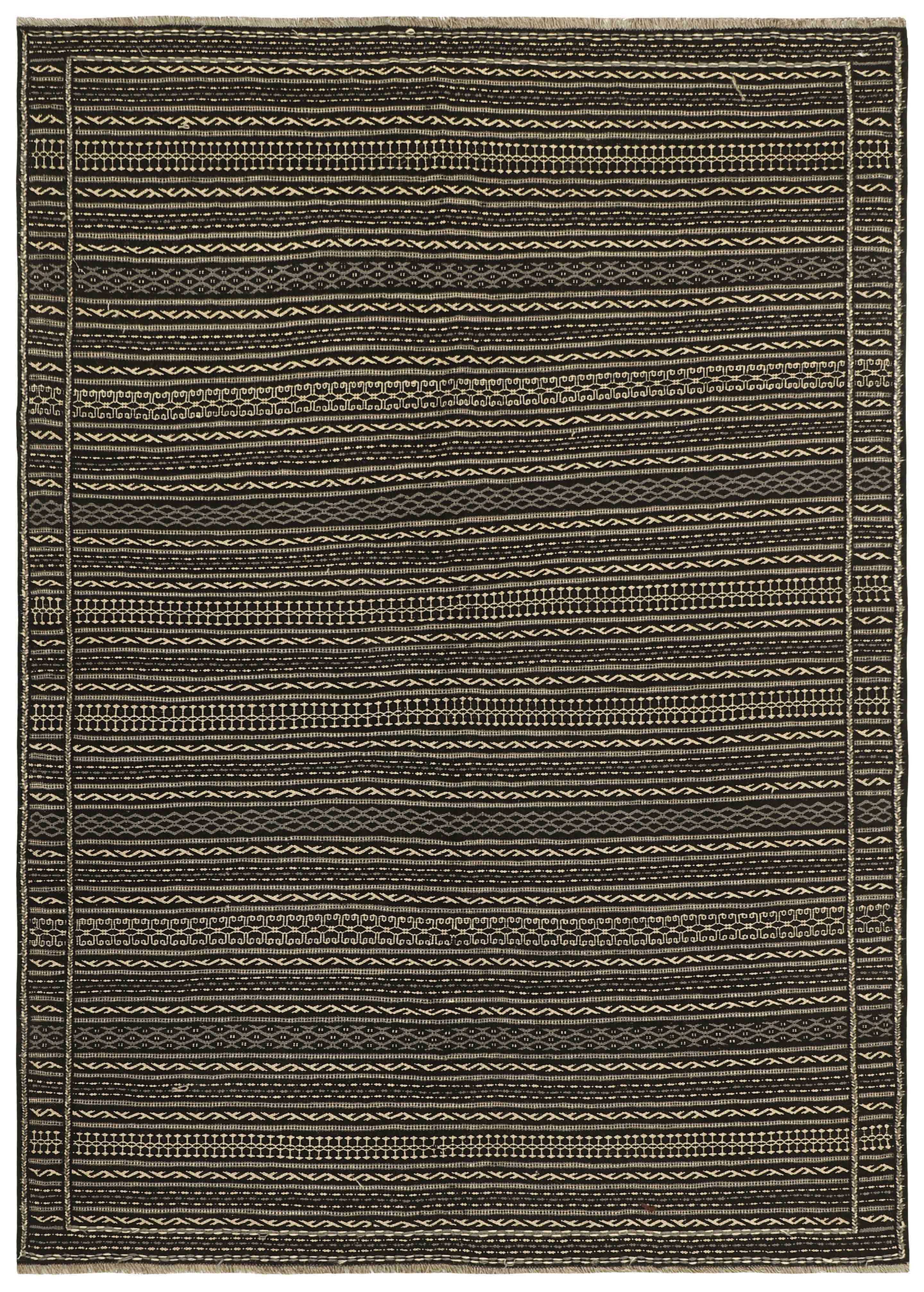 Authentic persian kelim flatweave rug with traditional geometric design in black and beige