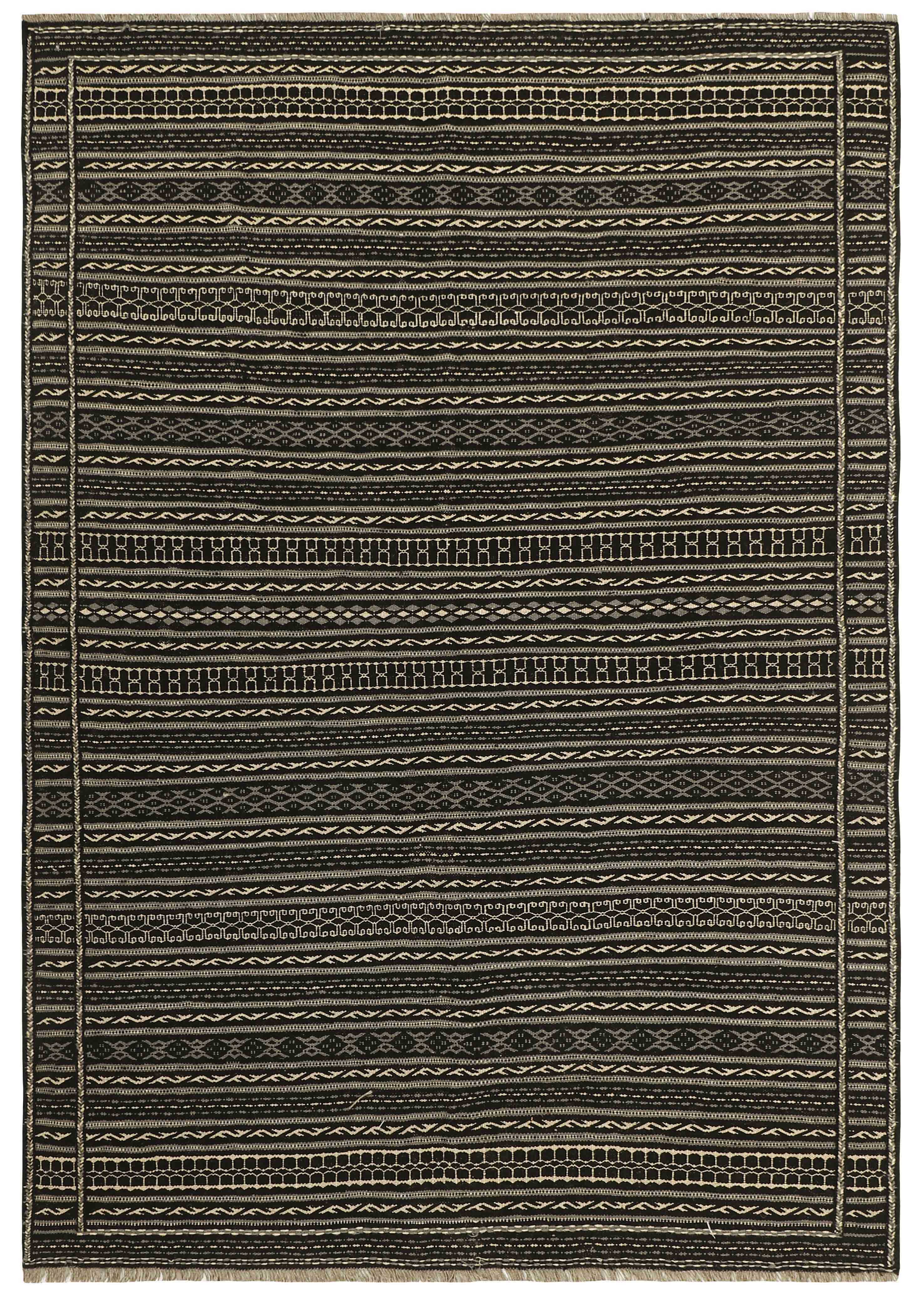 Authentic persian kelim flatweave rug with traditional geometric design in black and beige