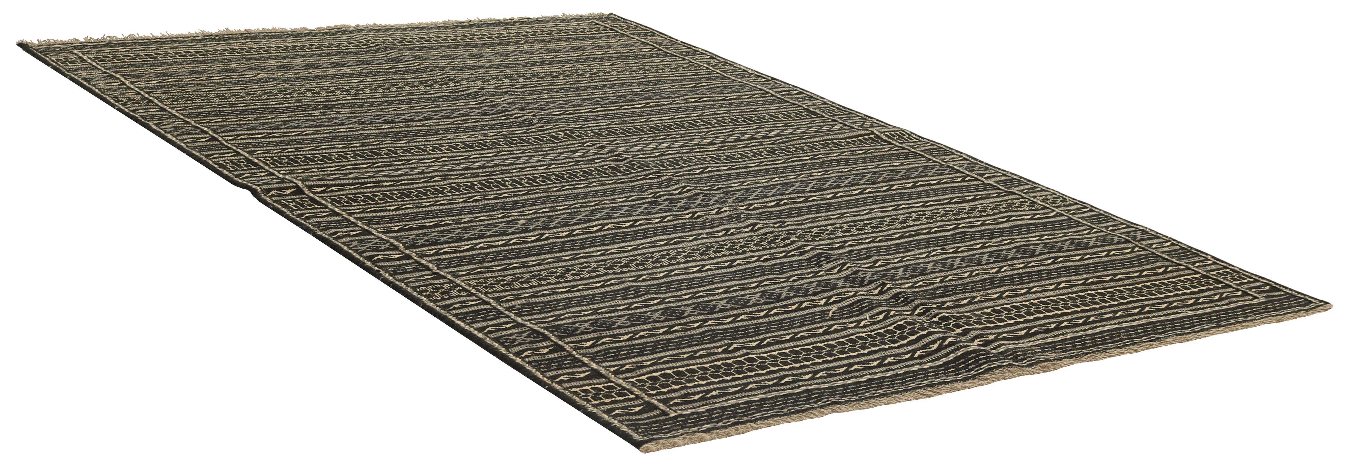 Authentic persian kelim flatweave rug with traditional geometric design in black and beige