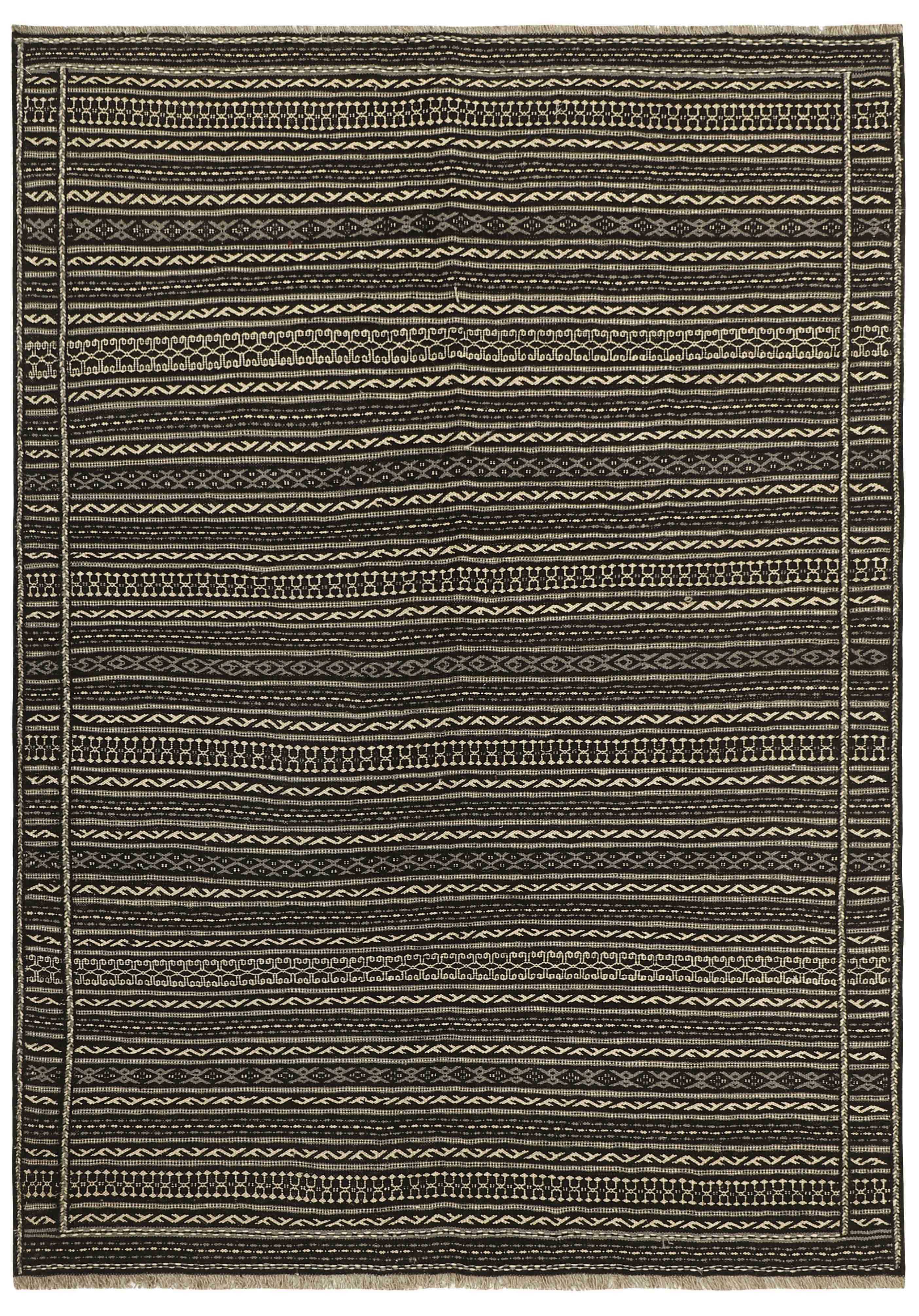 Authentic persian kelim flatweave rug with traditional geometric design in black and beige