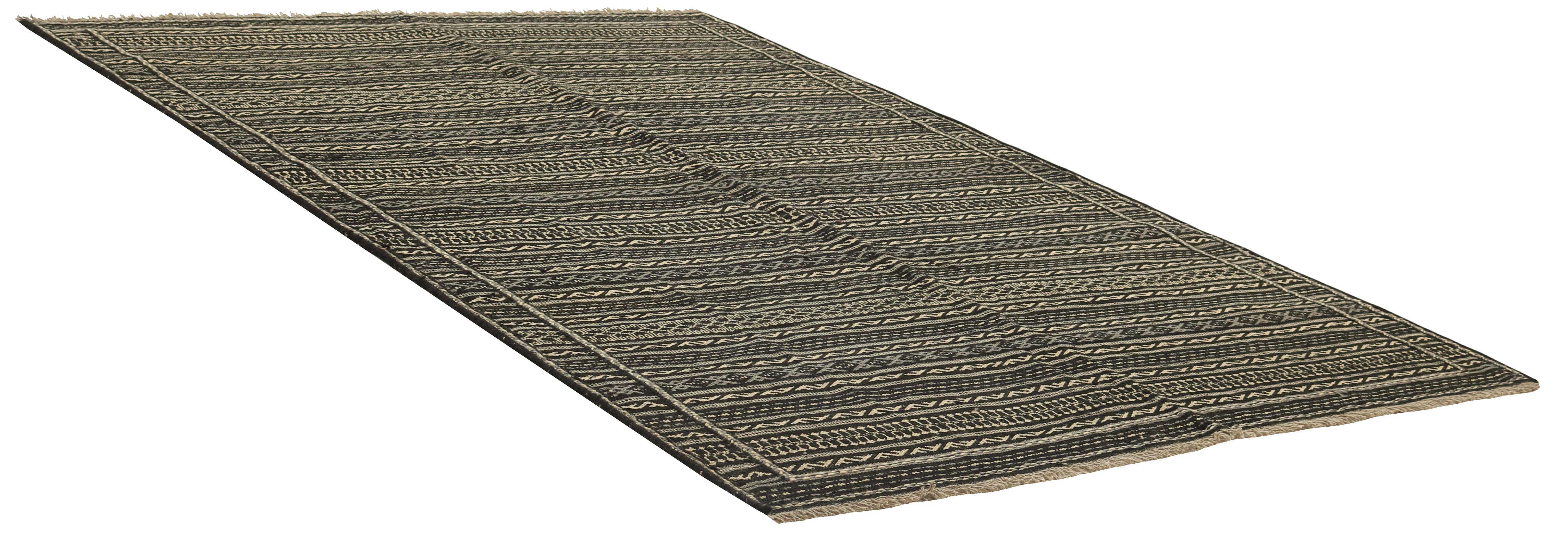 Authentic persian kelim flatweave rug with traditional geometric design in black and beige