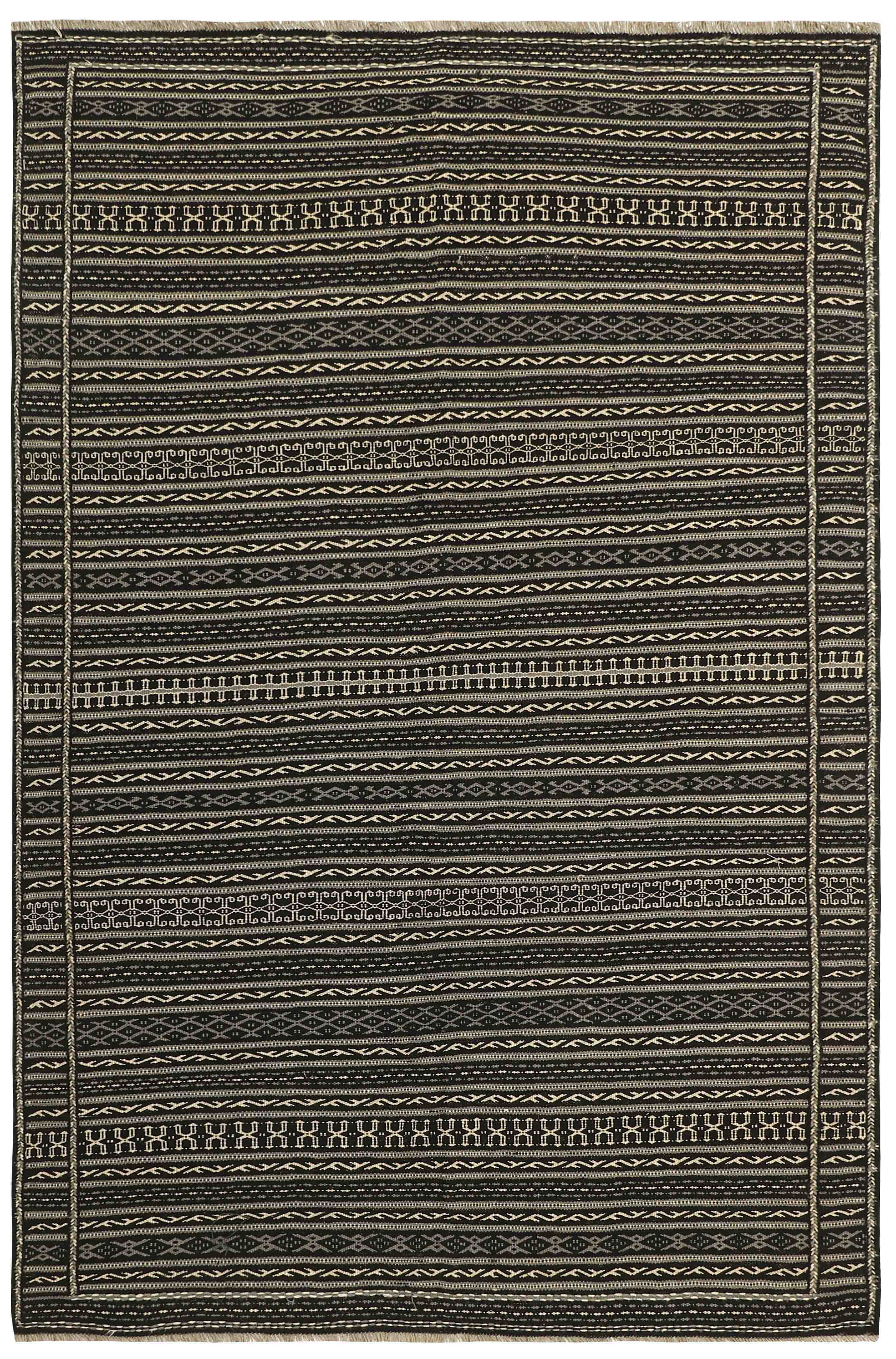 Authentic persian kelim flatweave rug with traditional geometric design in black and beige