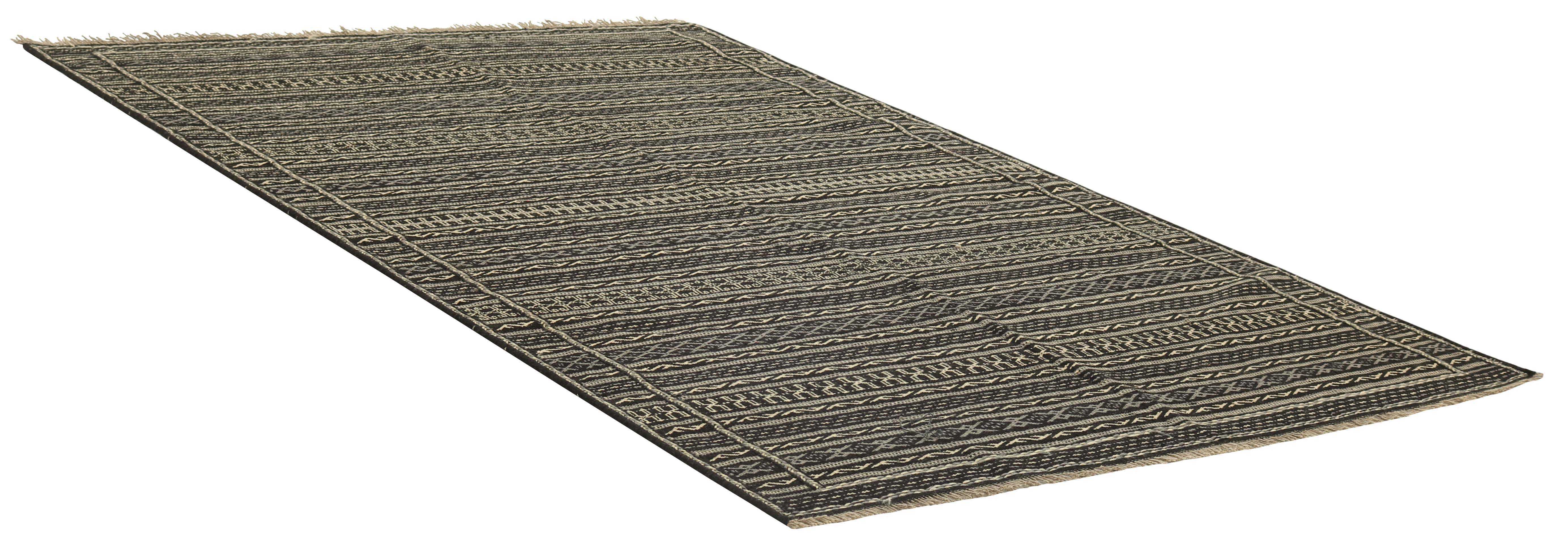 Authentic persian kelim flatweave rug with traditional geometric design in black and beige