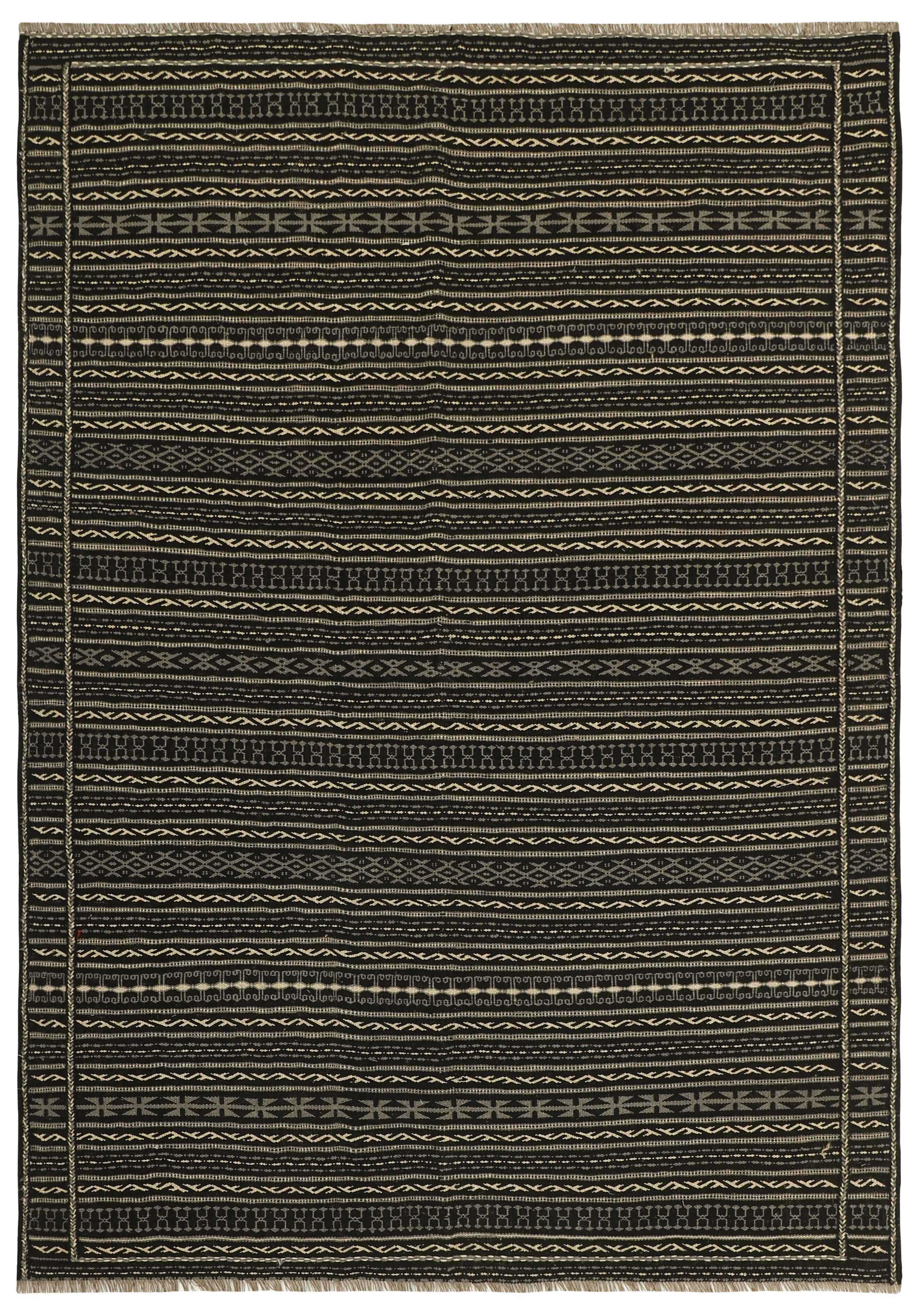 Authentic persian kelim flatweave rug with traditional geometric design in black and beige