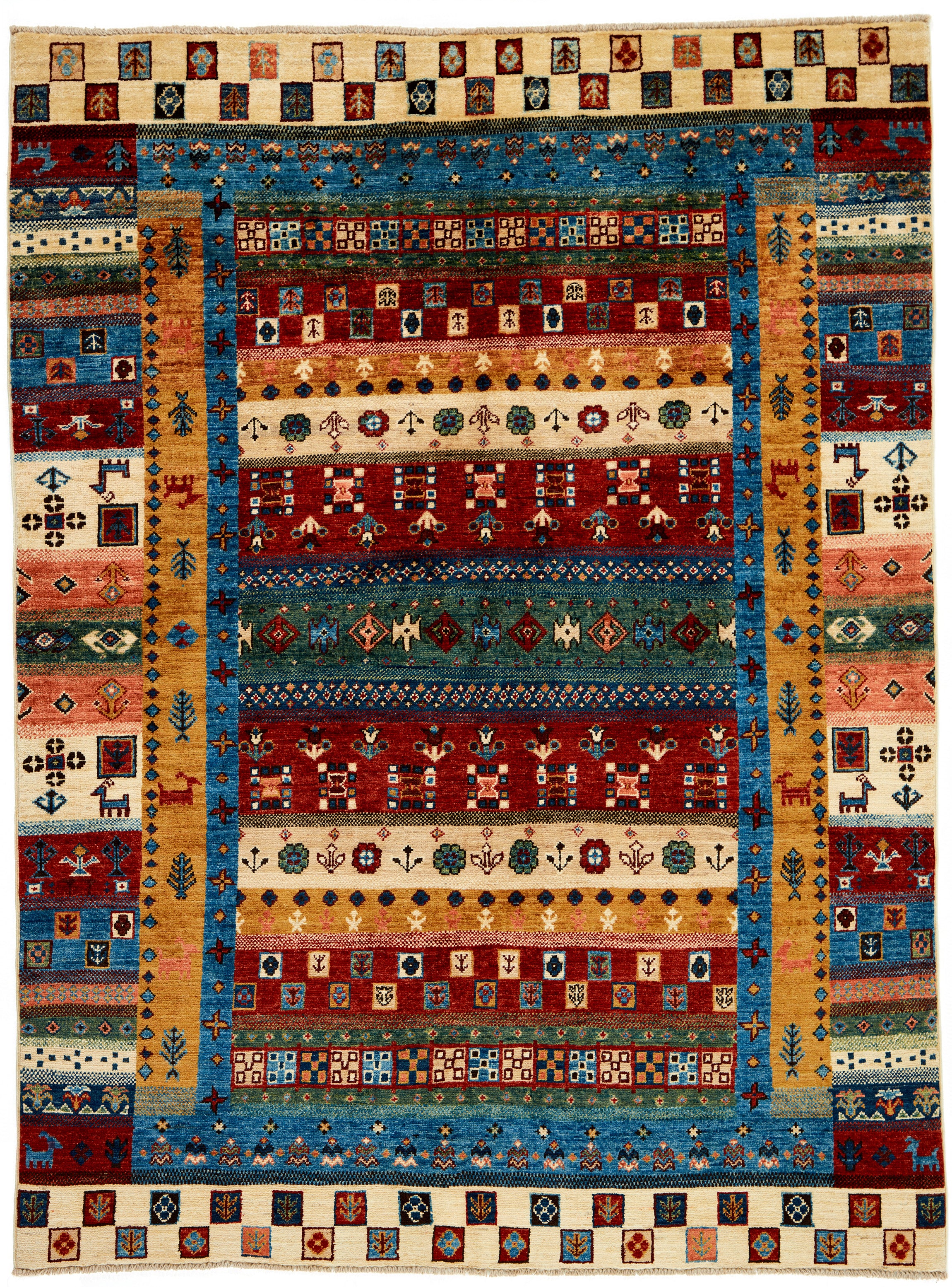 Authentic oriental rug with traditional tile pattern in red, yellow and blue