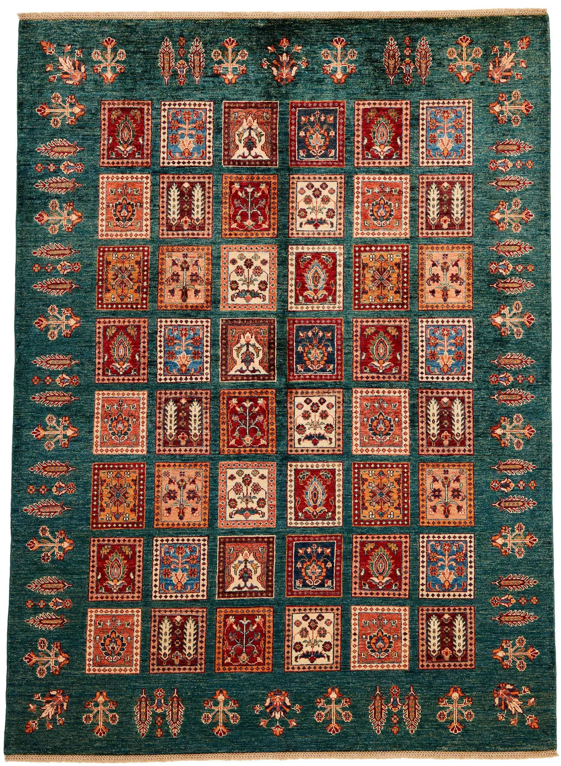 Authentic oriental rug with traditional tile pattern in red, yellow and blue