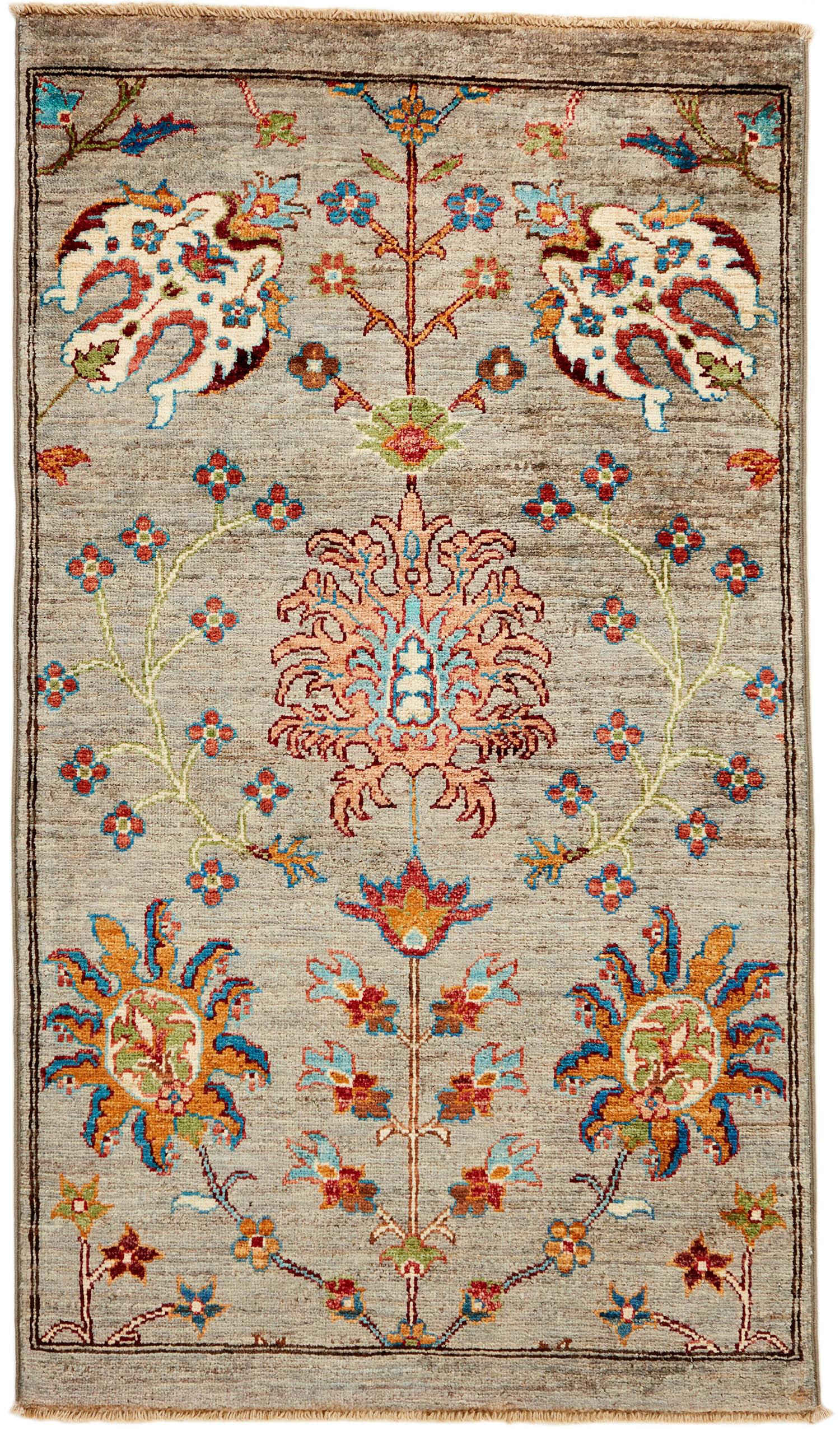 oriental rug with red, blue, green, beige and brown floral pattern
