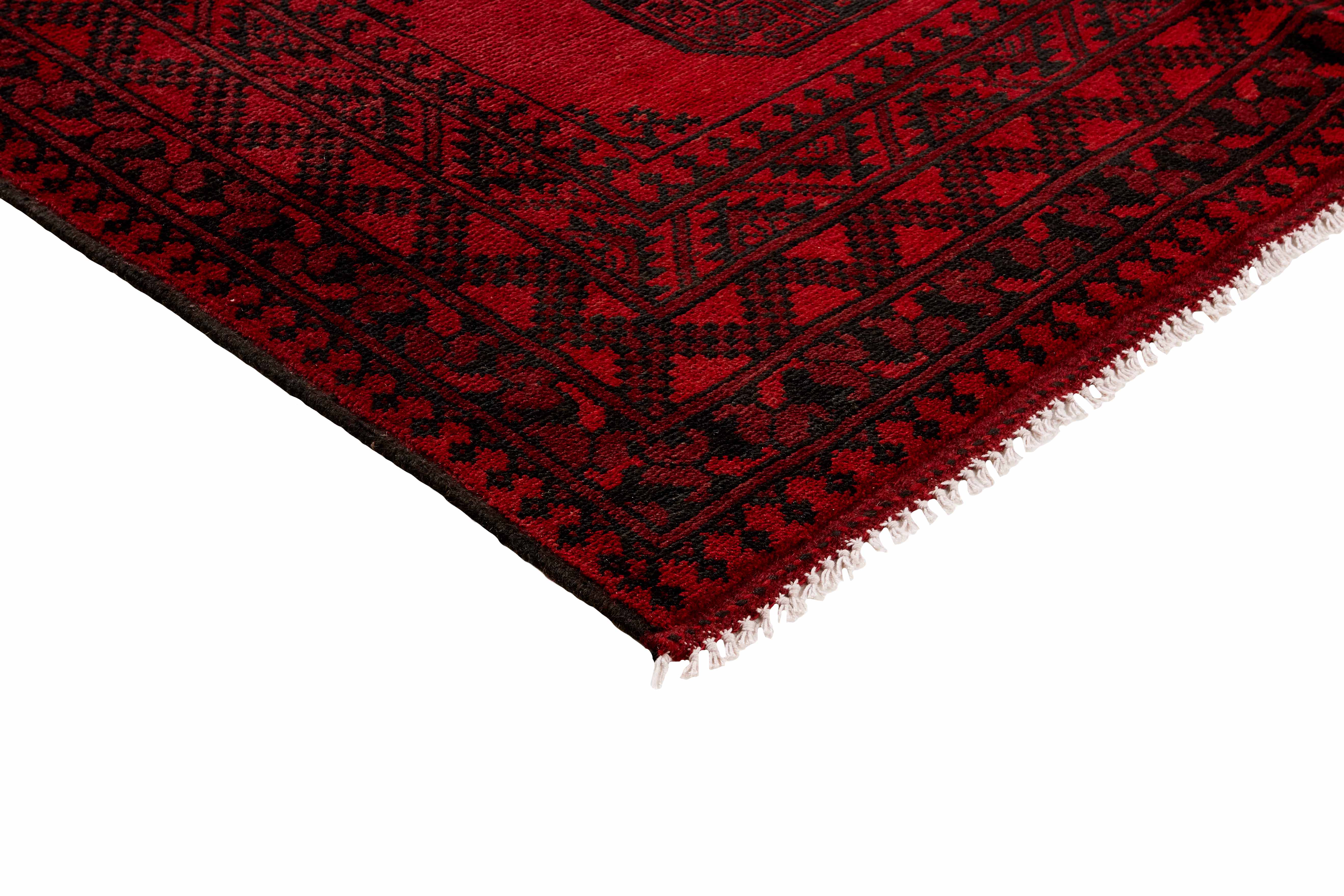 Red oriental rug with traditional elephant's foot pattern