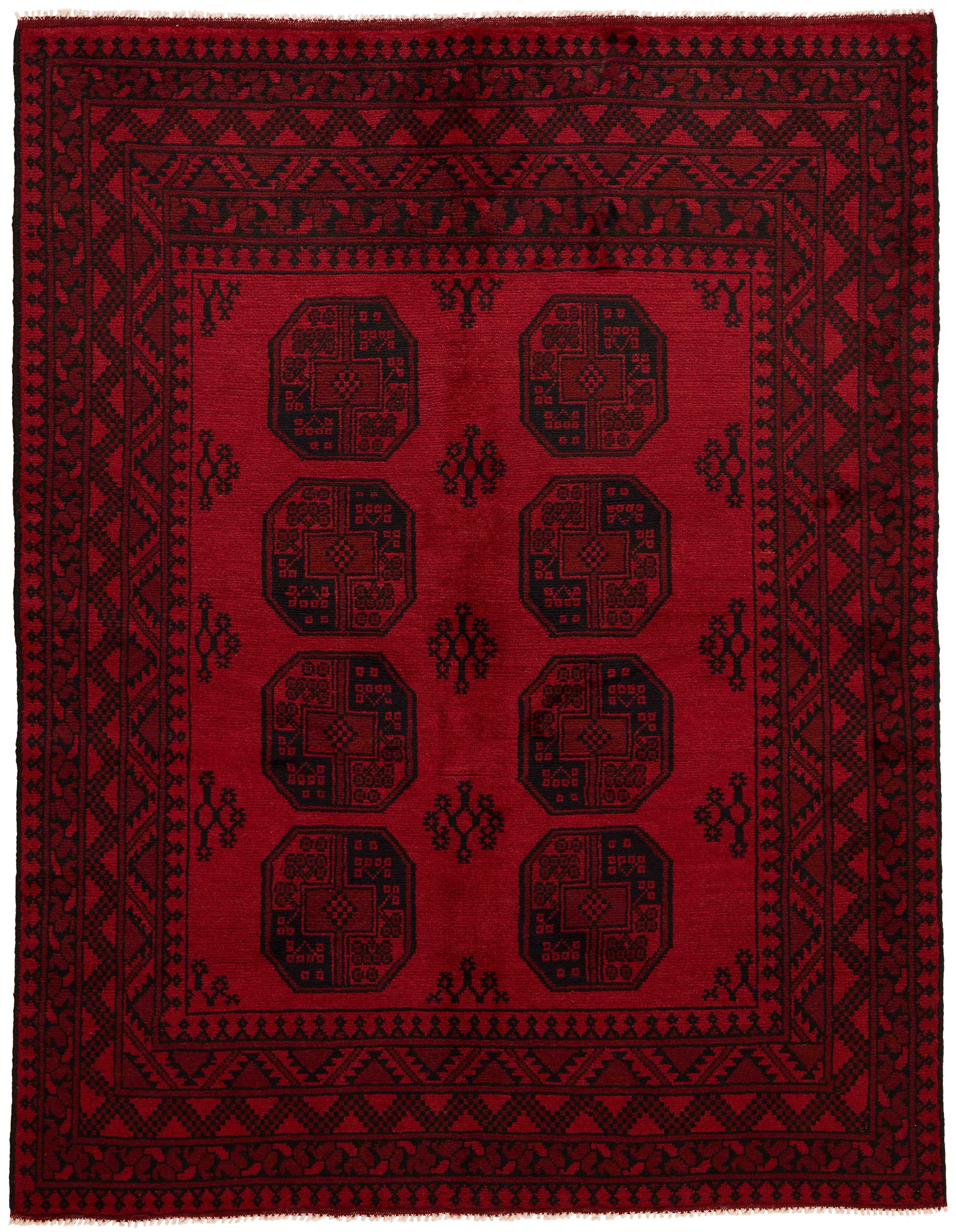 Red oriental rug with traditional Elephant's foot pattern
