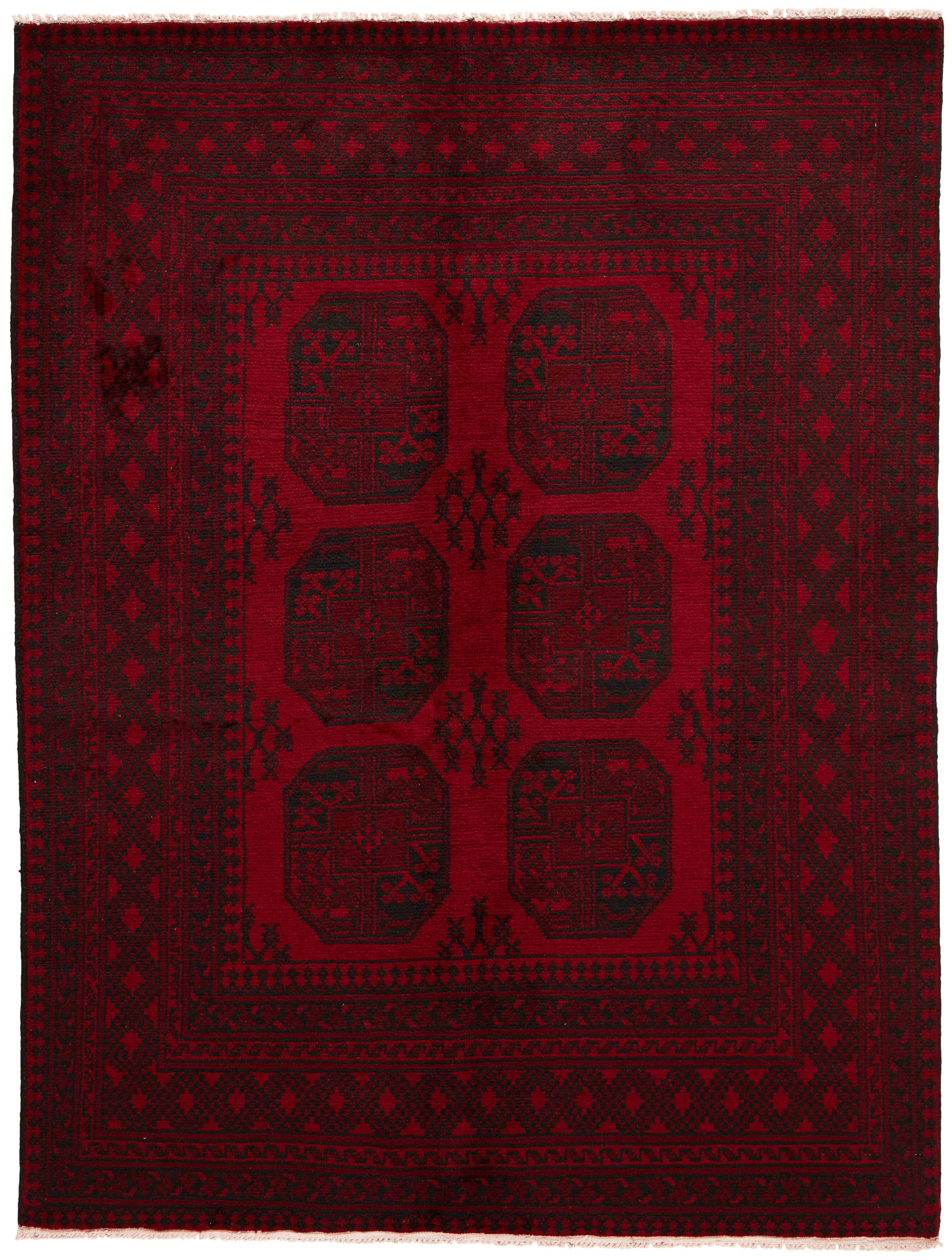 Red oriental rug with traditional Elephant's foot pattern