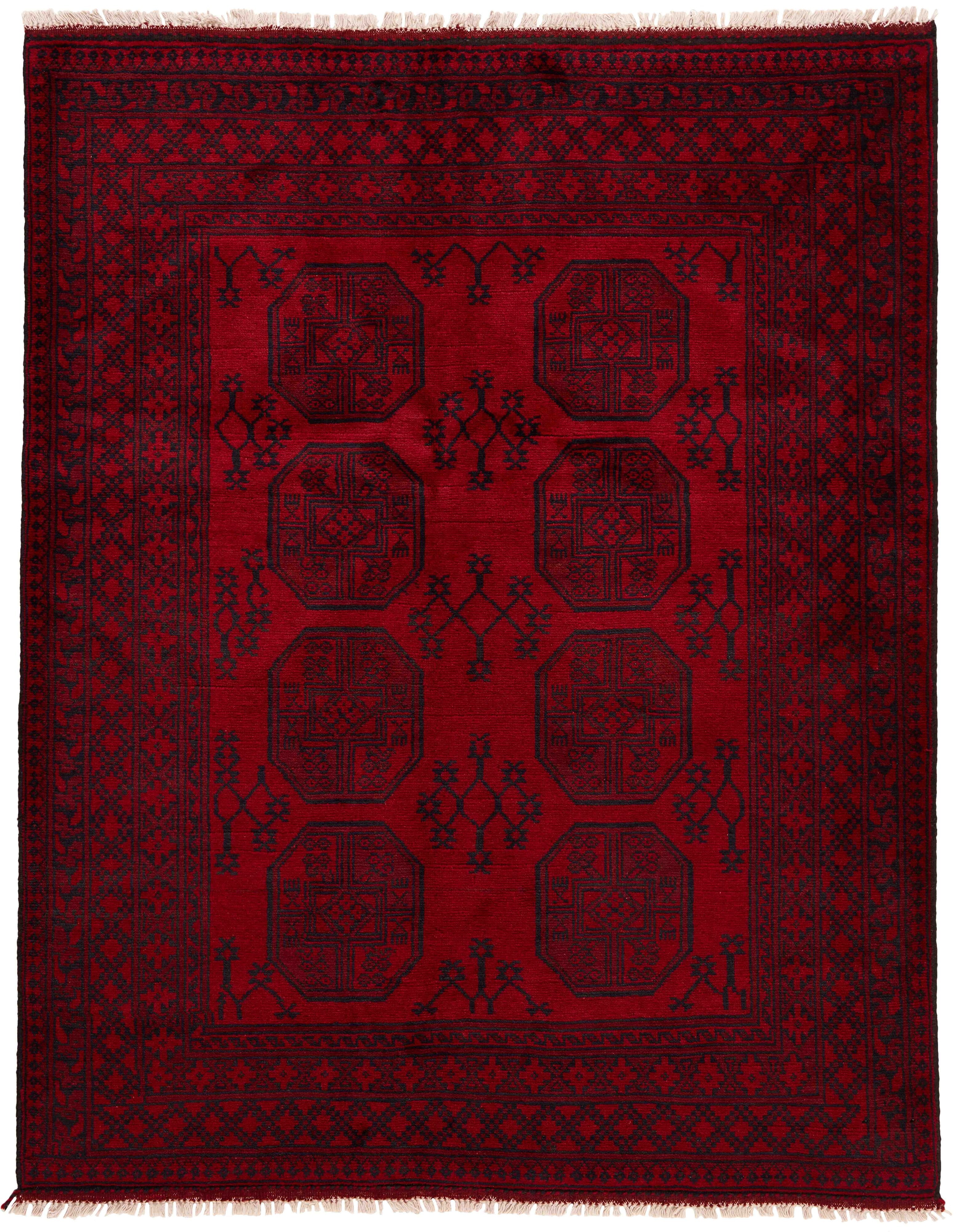 Red oriental rug with traditional Elephant's foot pattern