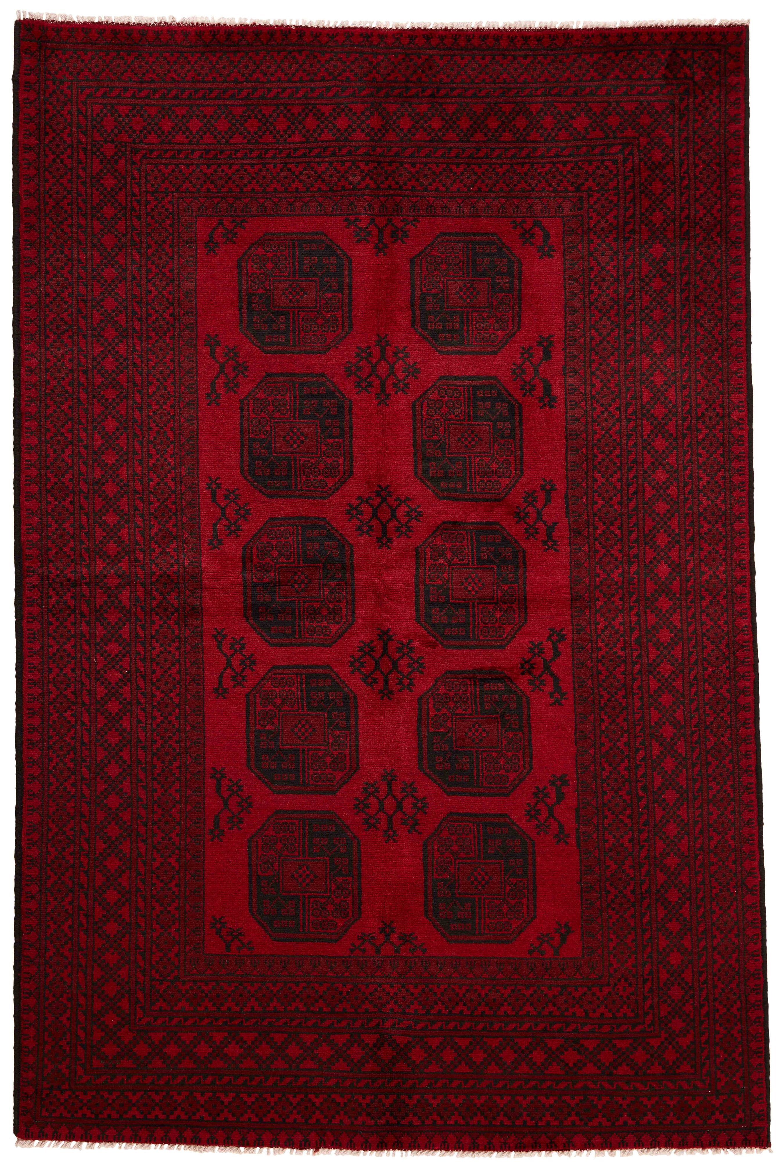 Red oriental rug with traditional Elephant's foot pattern