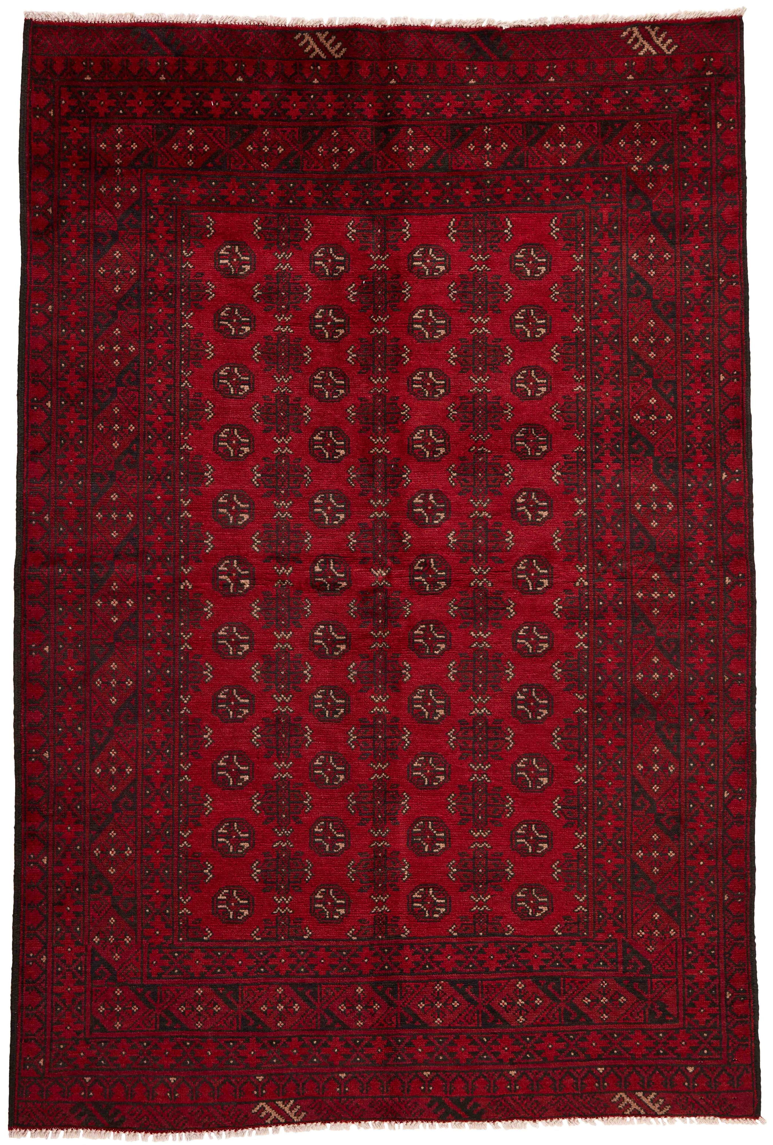 Red oriental rug with traditional Elephant's foot pattern