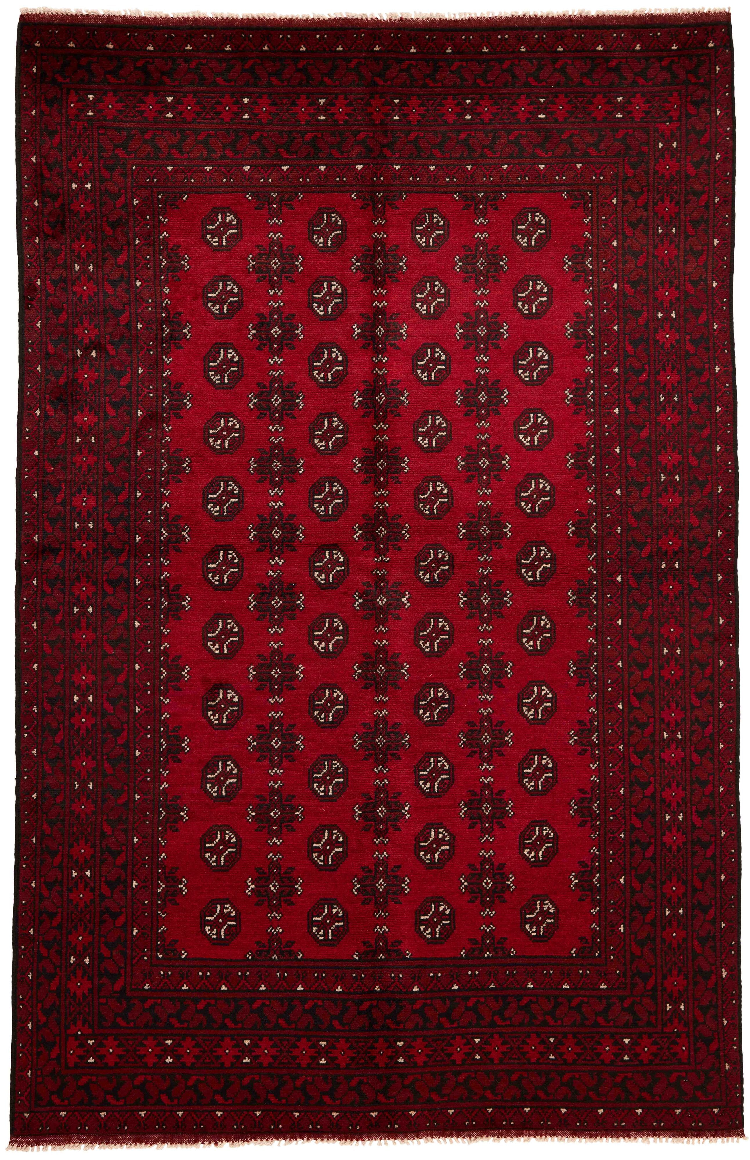 Red oriental rug with traditional Elephant's foot pattern