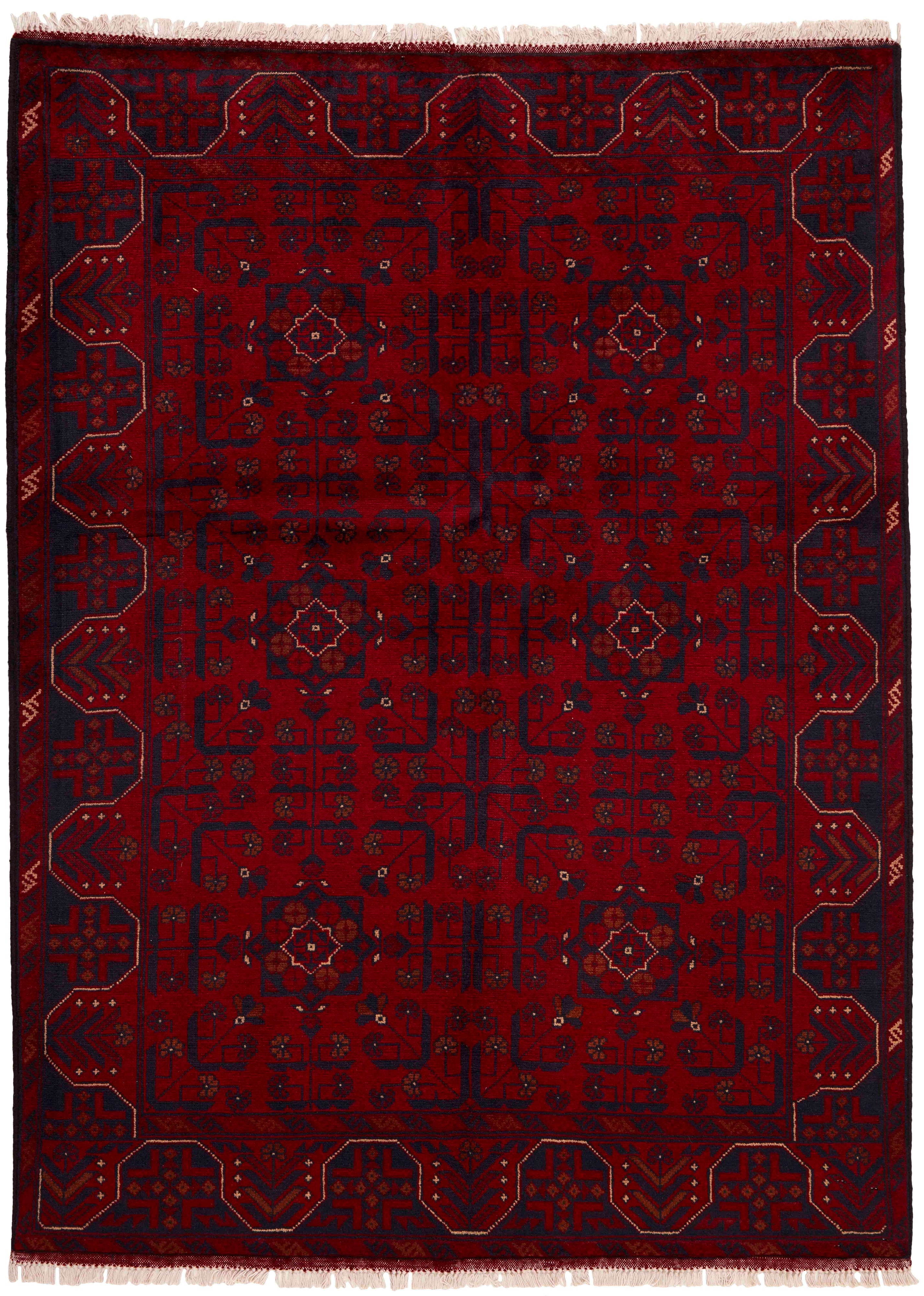 Authentic Oriental rug with traditional geometric tribal design in red